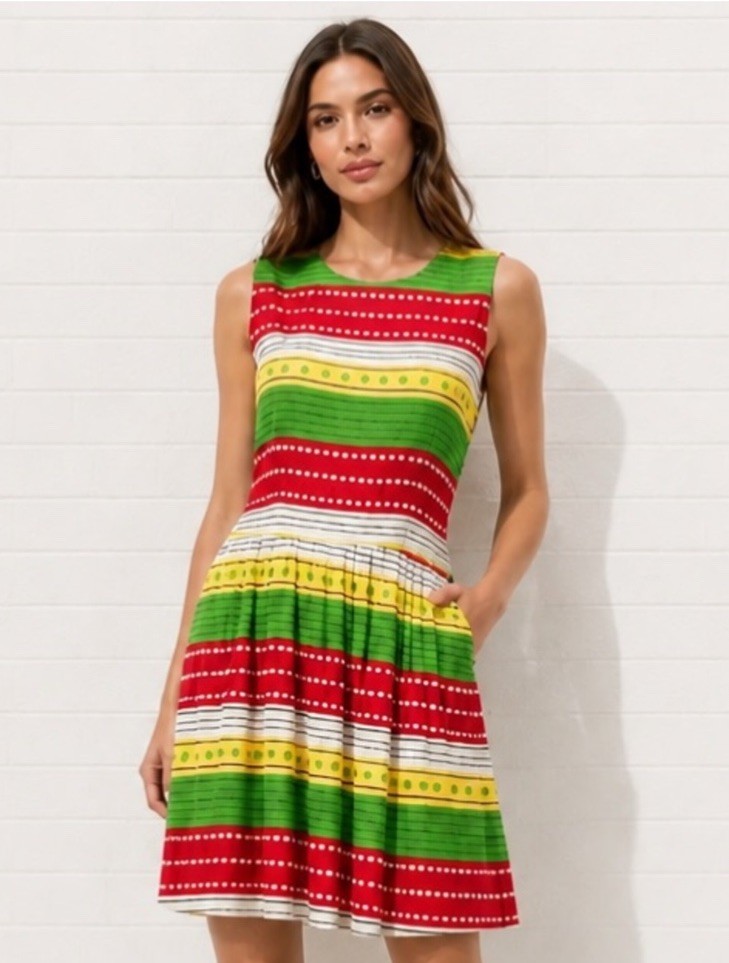 SARA CAMPBELL Dress Sleeveless 100% Silk Striped Red Green Yellow Fit Flare 6