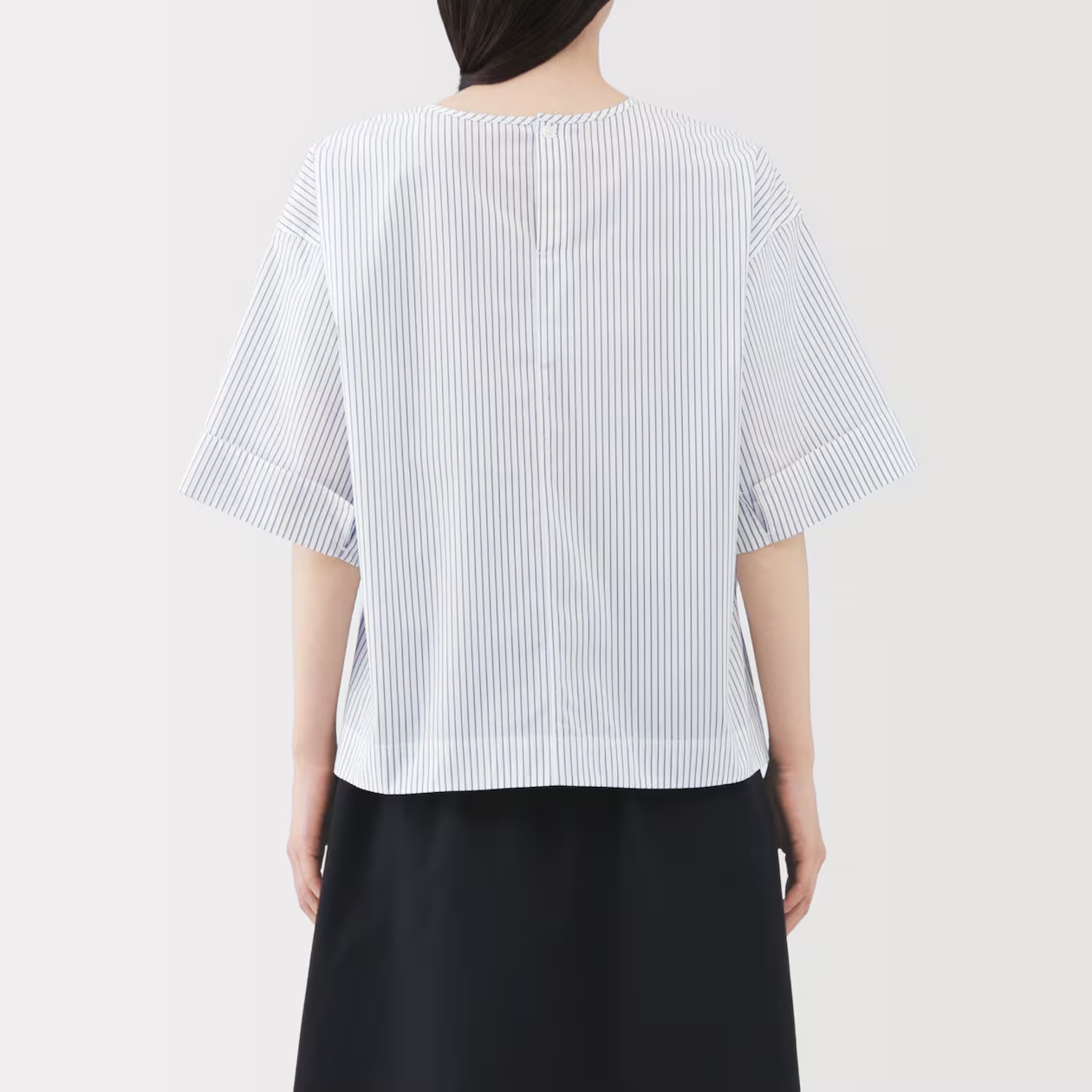 MUJI Womens Quick Dry Broadcloth Half Sleeve Blouse Navy Stripe FedEx