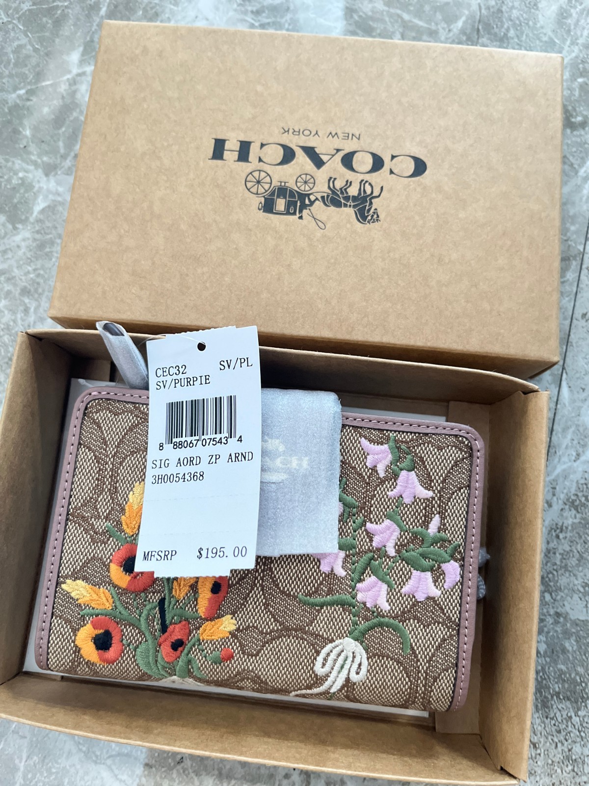 NEW COACH CEC32 Medium Corner Zip Wallet Signature Jacquard w Floral Embroidery