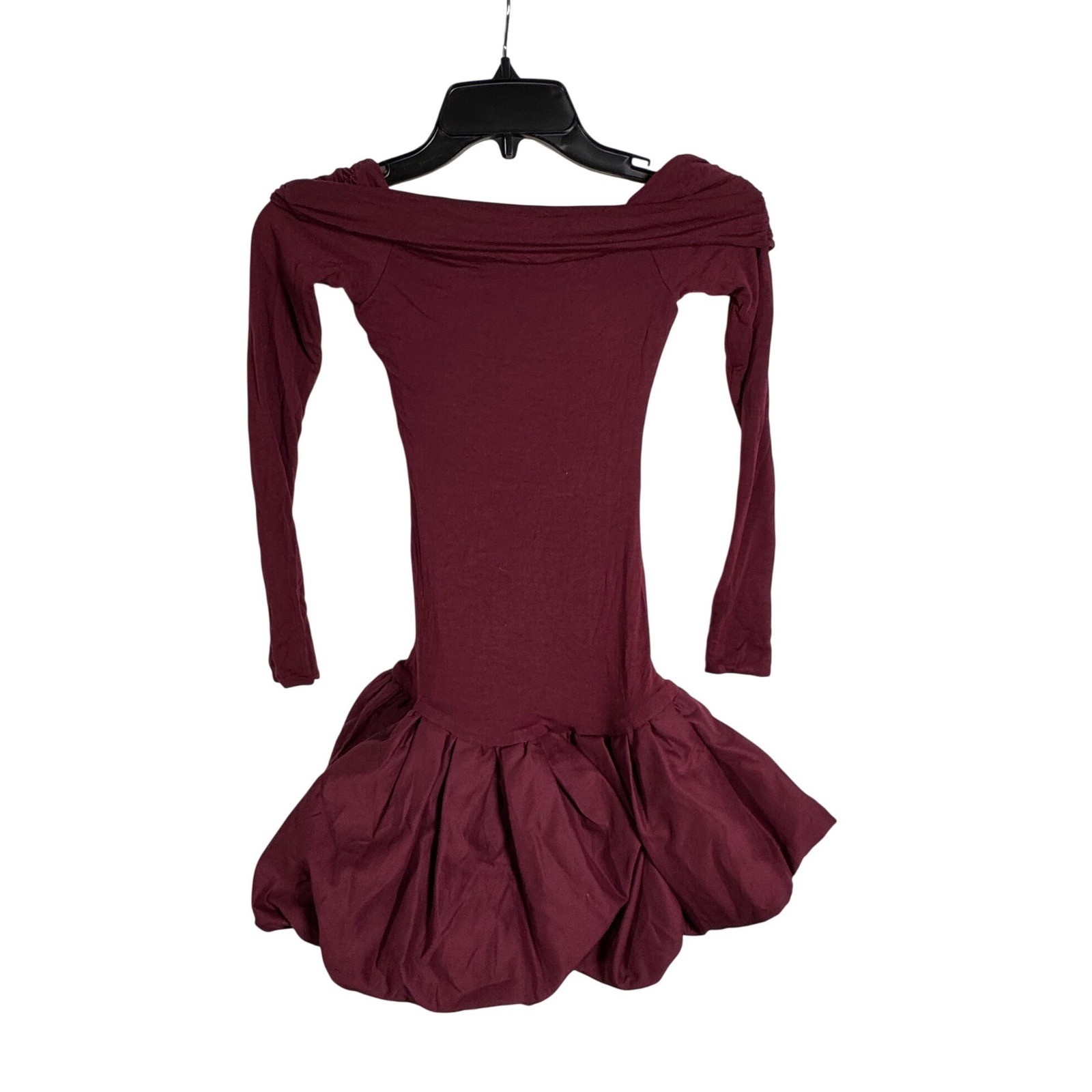 Oh Polly Wine Red Off Shoulder Long Sleeve Bubble Hem Mini Dress XXS Burgundy