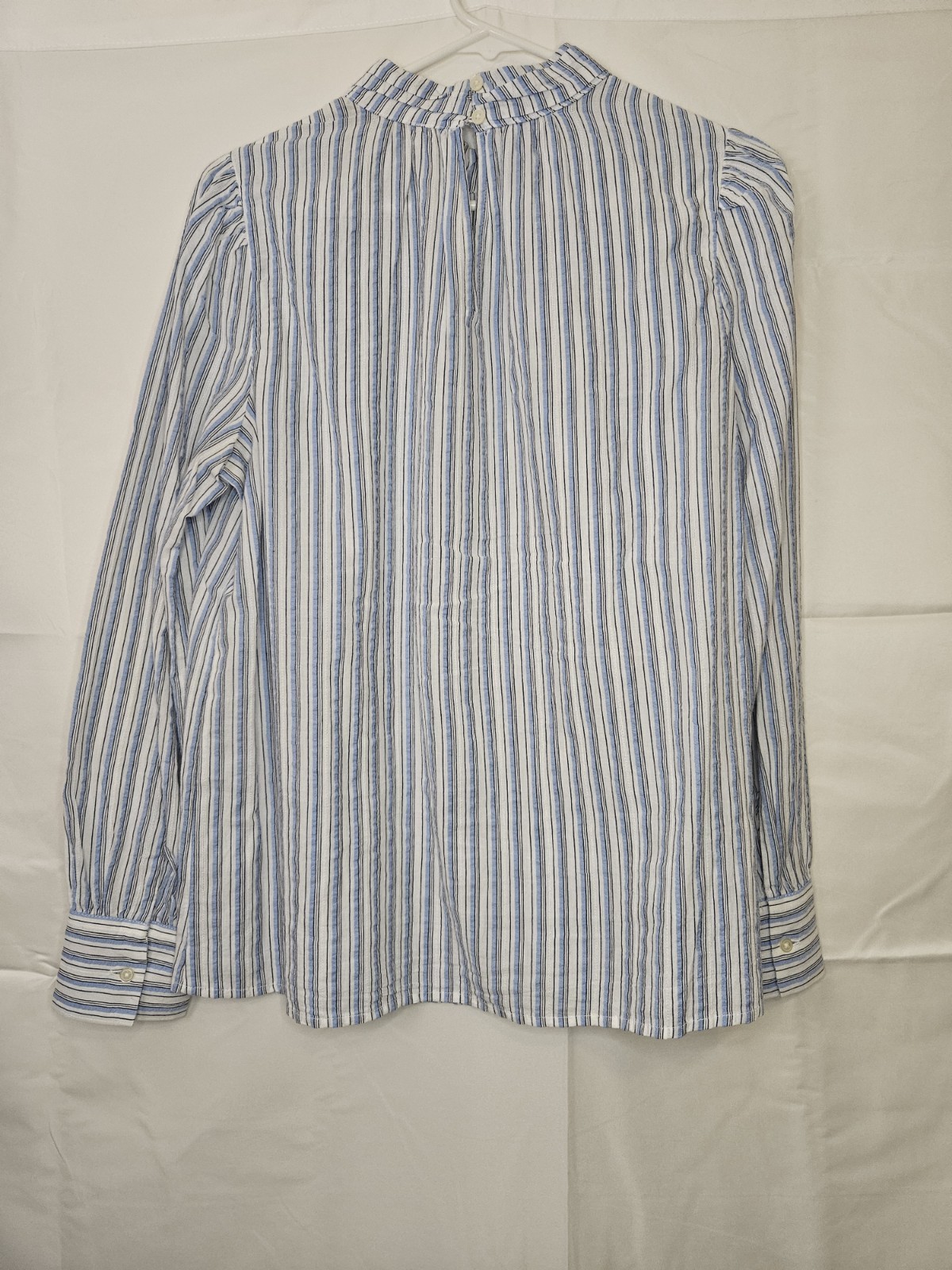 LOFT Blue & White Striped Ruffled Mock Neck Blouse