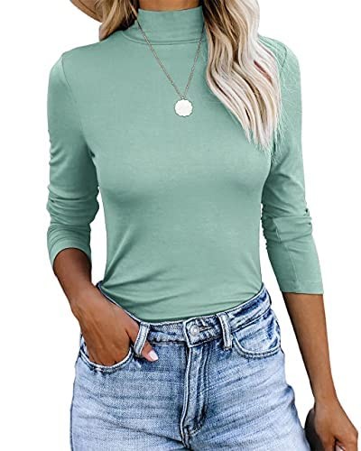 REVETRO Women’s Relaxed Long Sleeve Turtleneck Slim Fit Shirt Blue Green Large