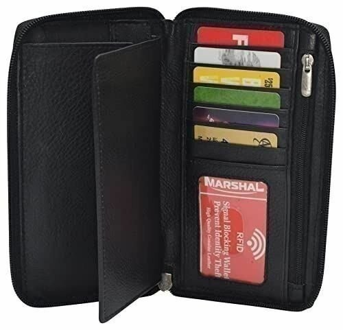 RFID Blocking Genuine Leather Long Bifold Zipper Checkbook Cover Wallet