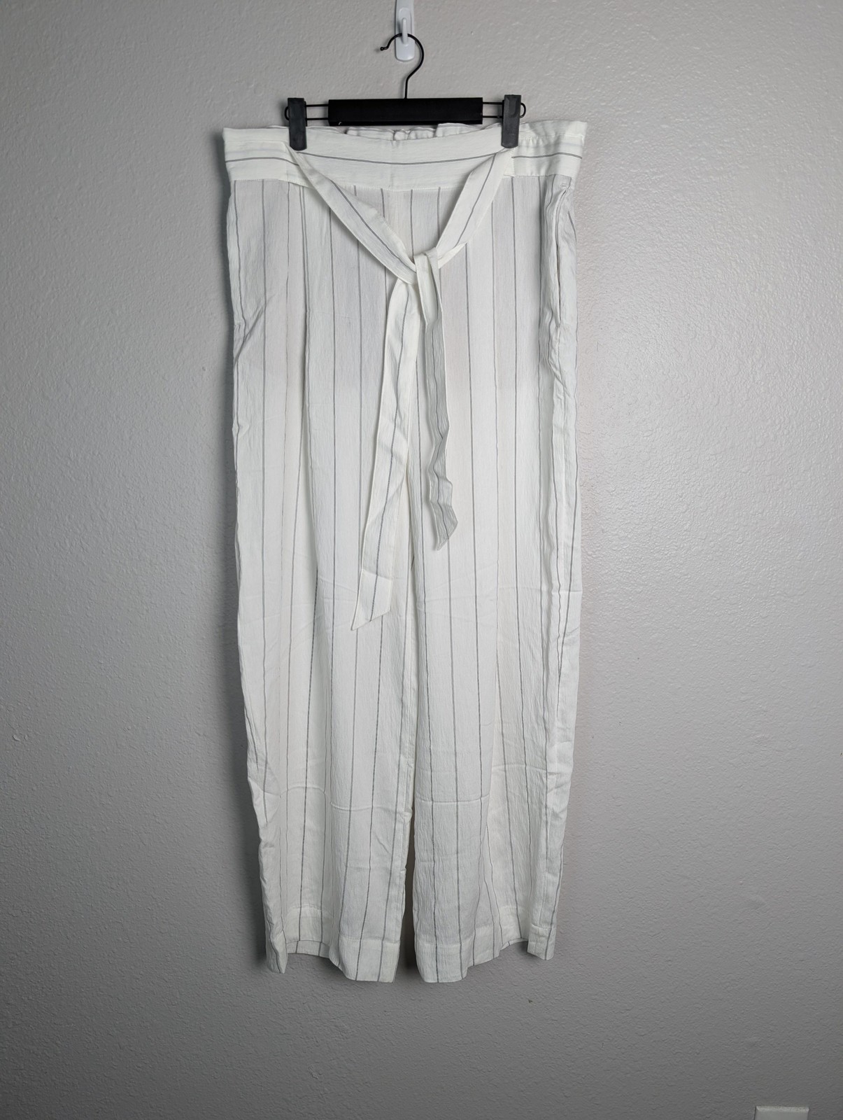 VINCE Pants Womens L White Wide-Leg Crepe Striped Pull On Belted Pockets