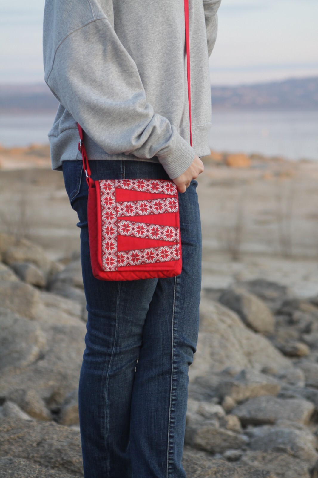 Red Natural Cotton Crossbody Bag Embroidered Adjustable Strap.