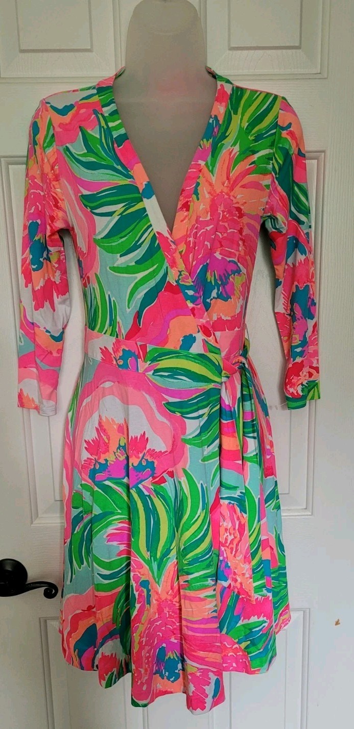 Lilly Pulitzer Emilia wrap dress stretch jersey knit bird paradise tropical XS