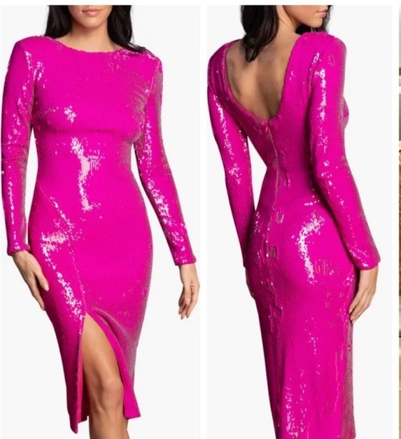 Dress the Population Women’s Emery V-Neck Dress Long-Sleeve, Sequin, Pink, XL