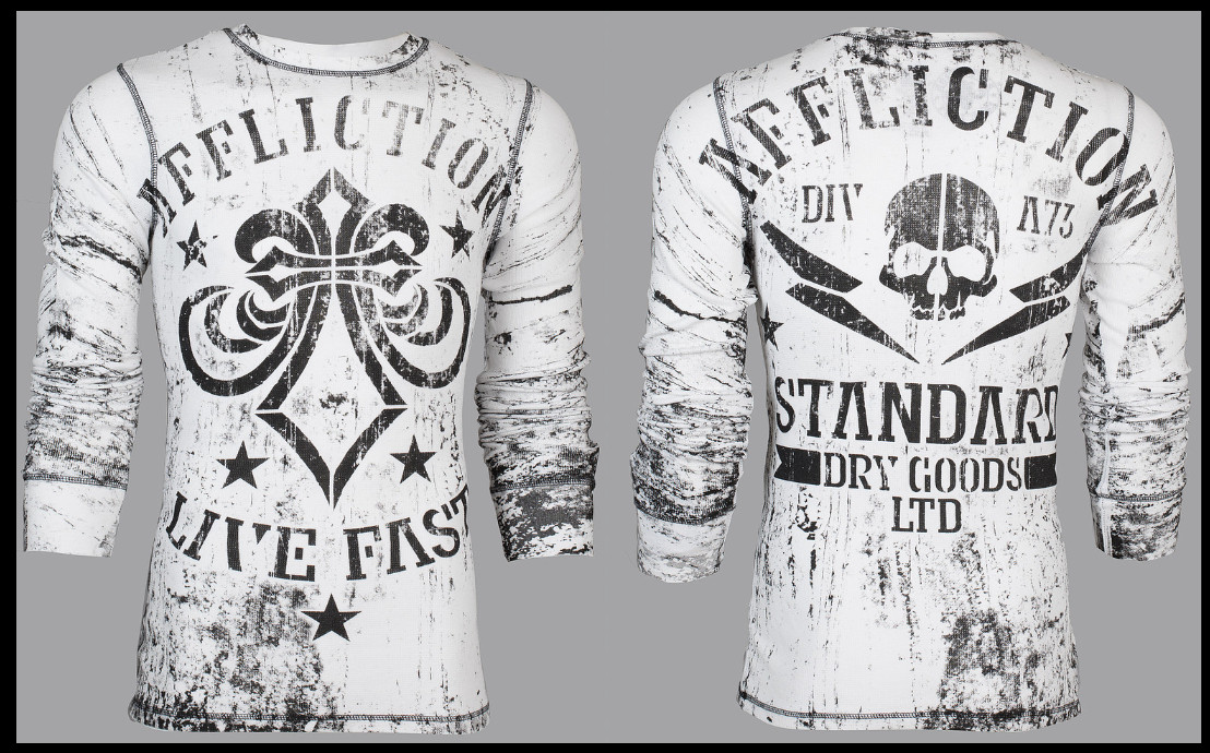 $78 AFFLICTION White DEATH MACHINE Long Sleeve Slim Fit Y2K Thermal T-shirt NWT