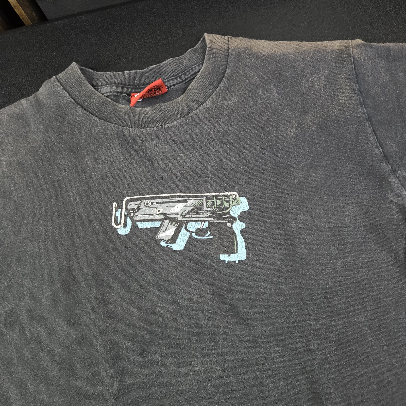 Vintage Baker Skateboards Mini Uzi Gun Ride Or Die Skate Tee, Sz S 17×26″, Fade