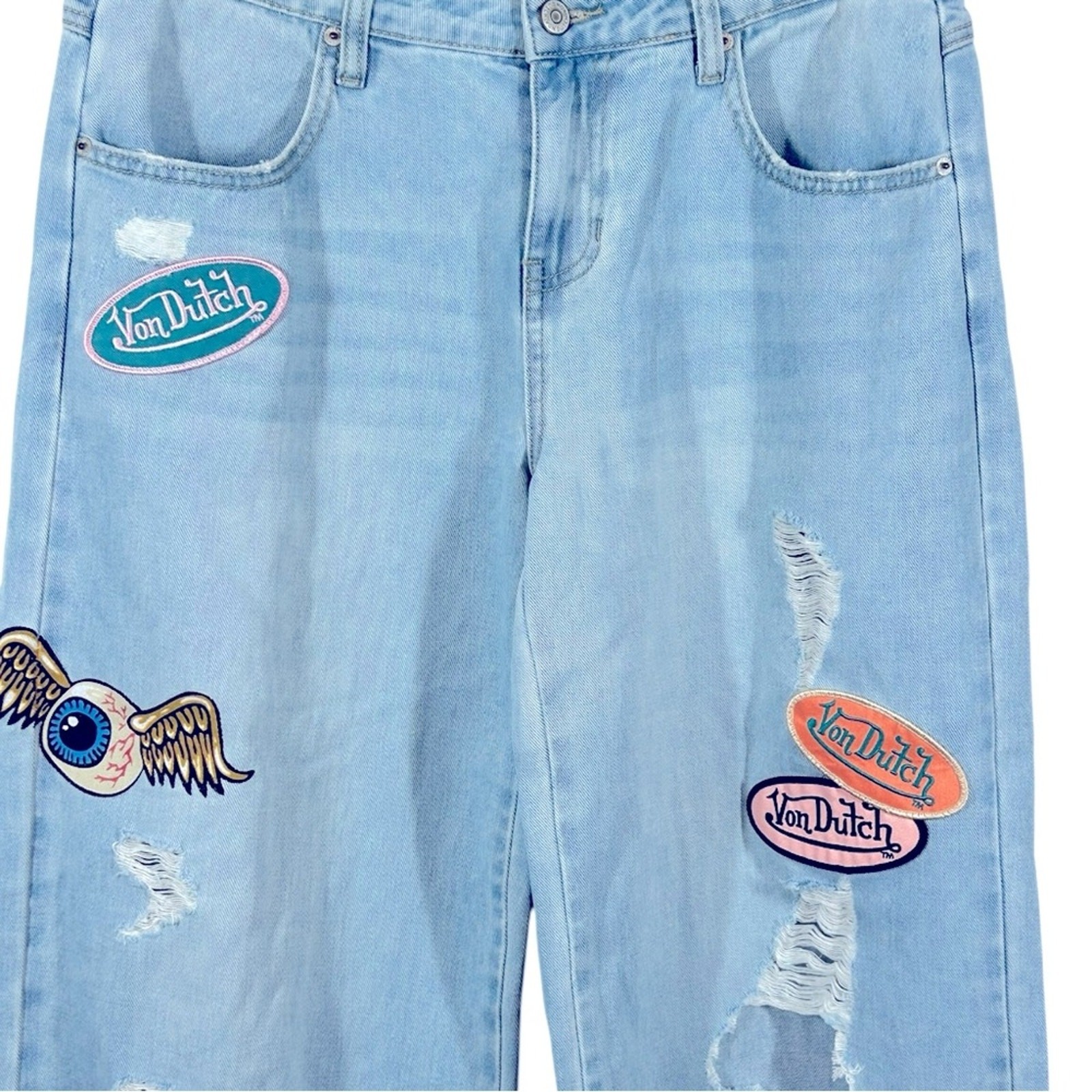 Von Dutch Start Somewhere Jeans Womens 7 Baggy Wide Leg Distressed Patchwork