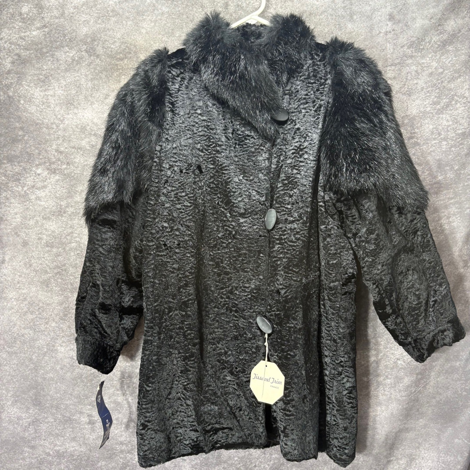 Vintage 70s Hillmoor NY Faux Persian Lamb Fox Fur Trim Black Coat Womens 10