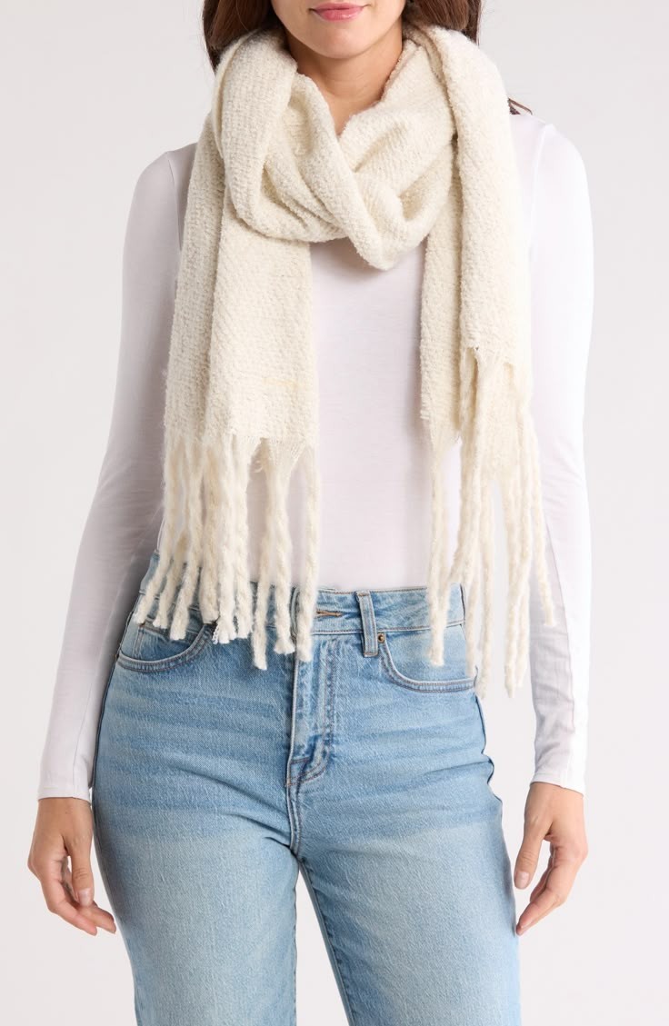 Nordstrom Rack $40 Warm Bouclé Knit Fringed Scarf 82.5 x 16 Inches NWT