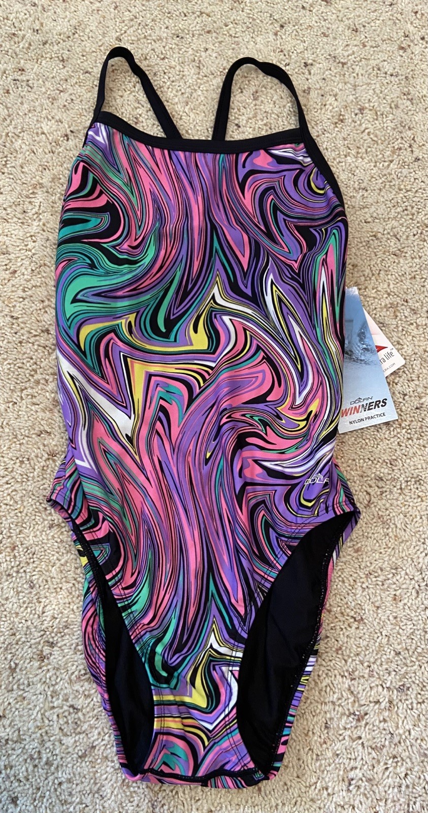 Dolfin Winners Nylon Practice One Piece Swimsuit Size 36 NWT Swirl Psychedelic
