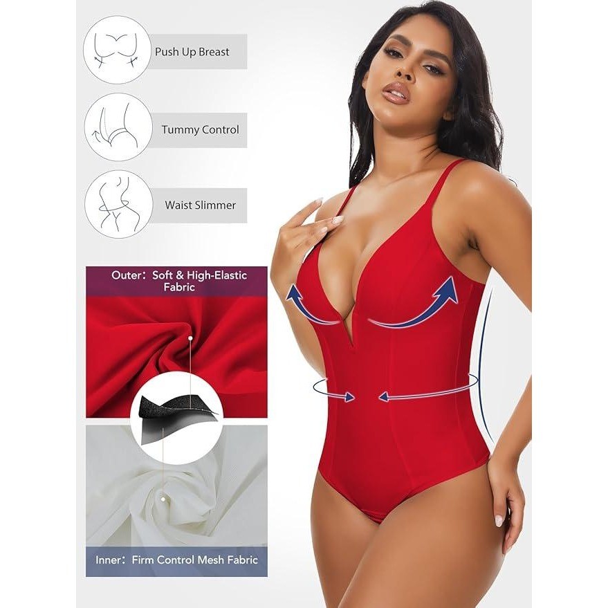 MSRP $49 SHAPERIN Women’s M Bodysuit Shapewear Tummy Control Deep V Neck Plu