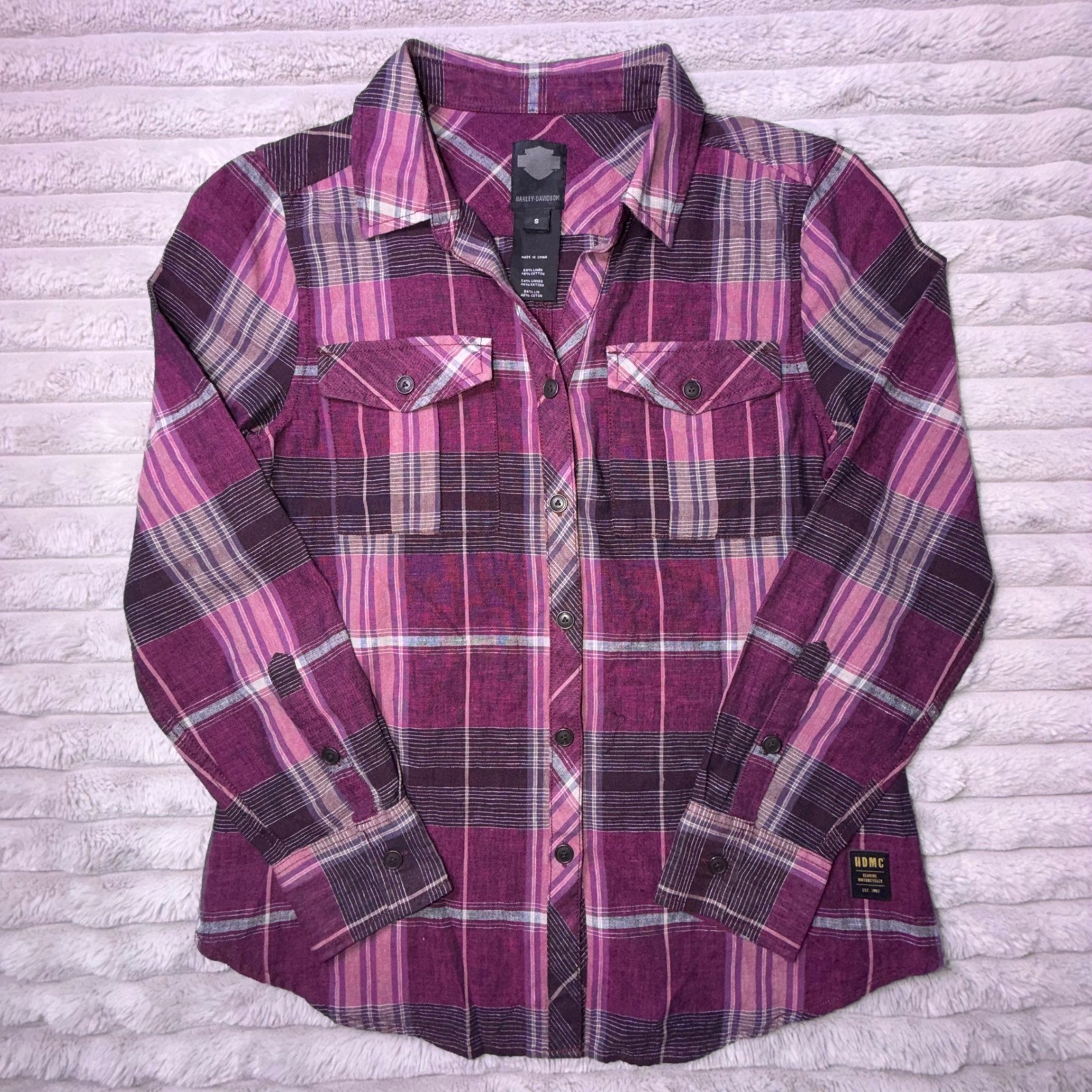 Harley-Davidson Womens Small Purple Plaid Linen Blend Roll Tab Button Down Shirt