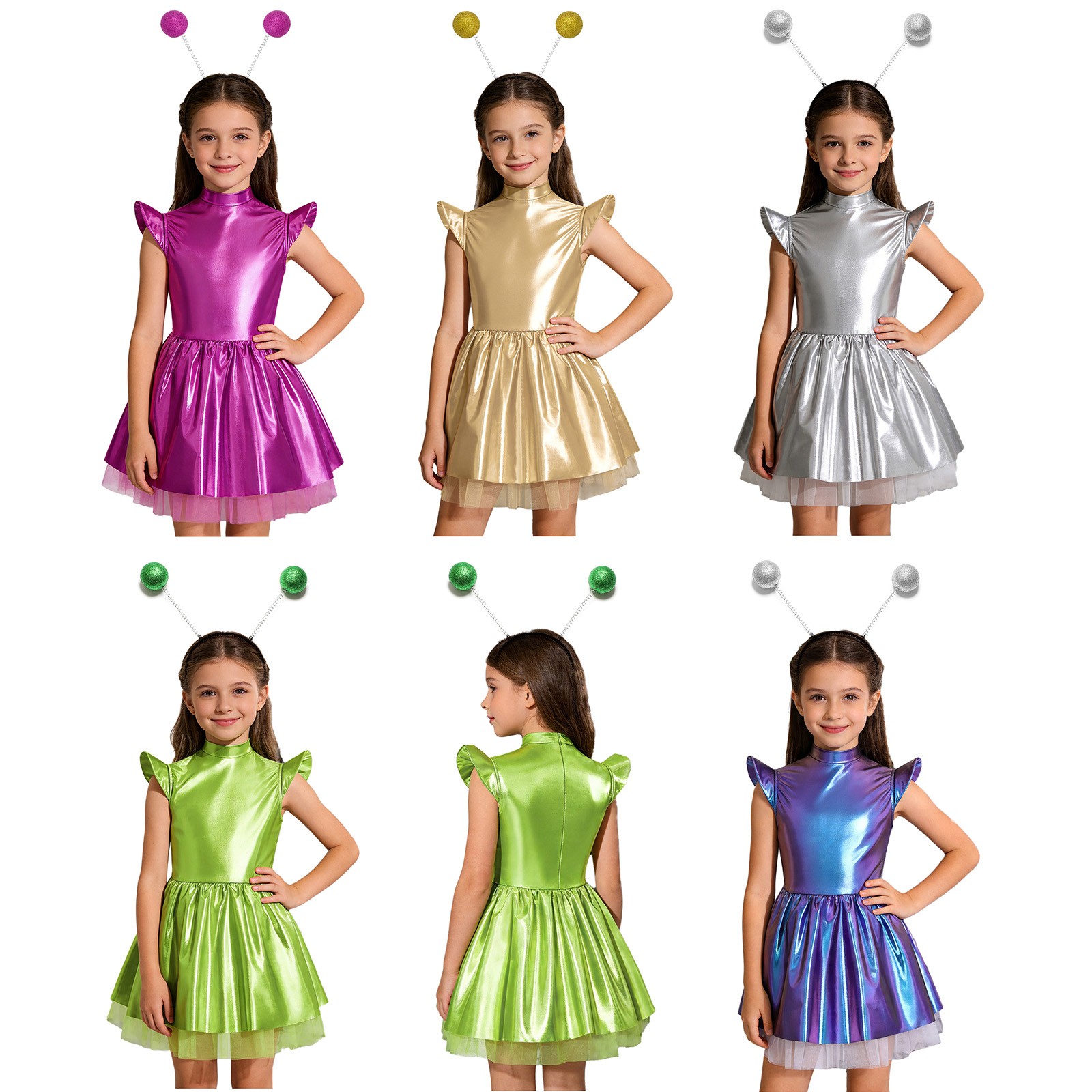 US Kids Alien Costume 2Pcs Alien Dress Up Metallic Dress Outerspace Robot Outfit