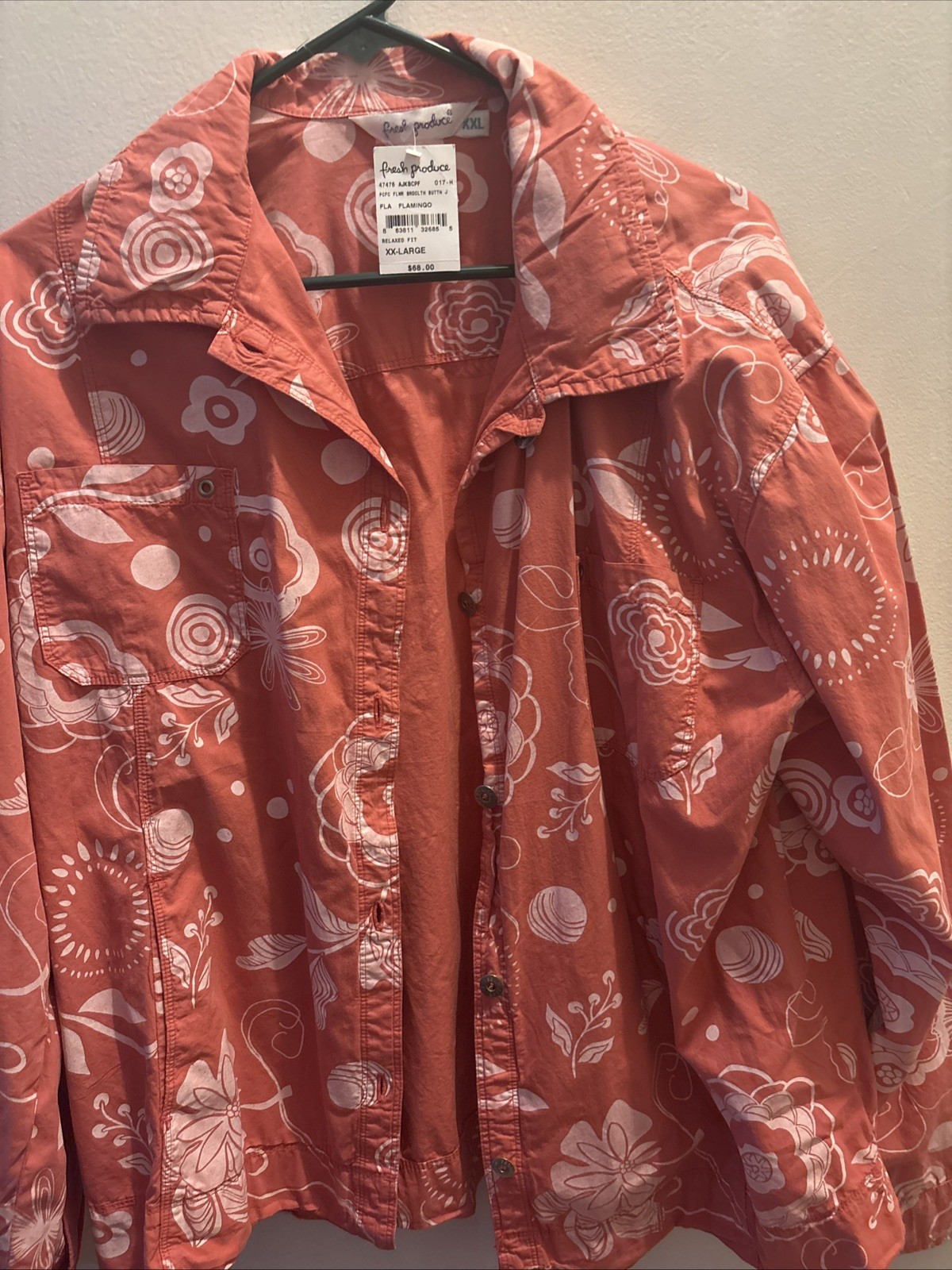 Fresh Produce Women’s Jacket Shirt Floral Vivid Coral Pink Button Down Sz XXL