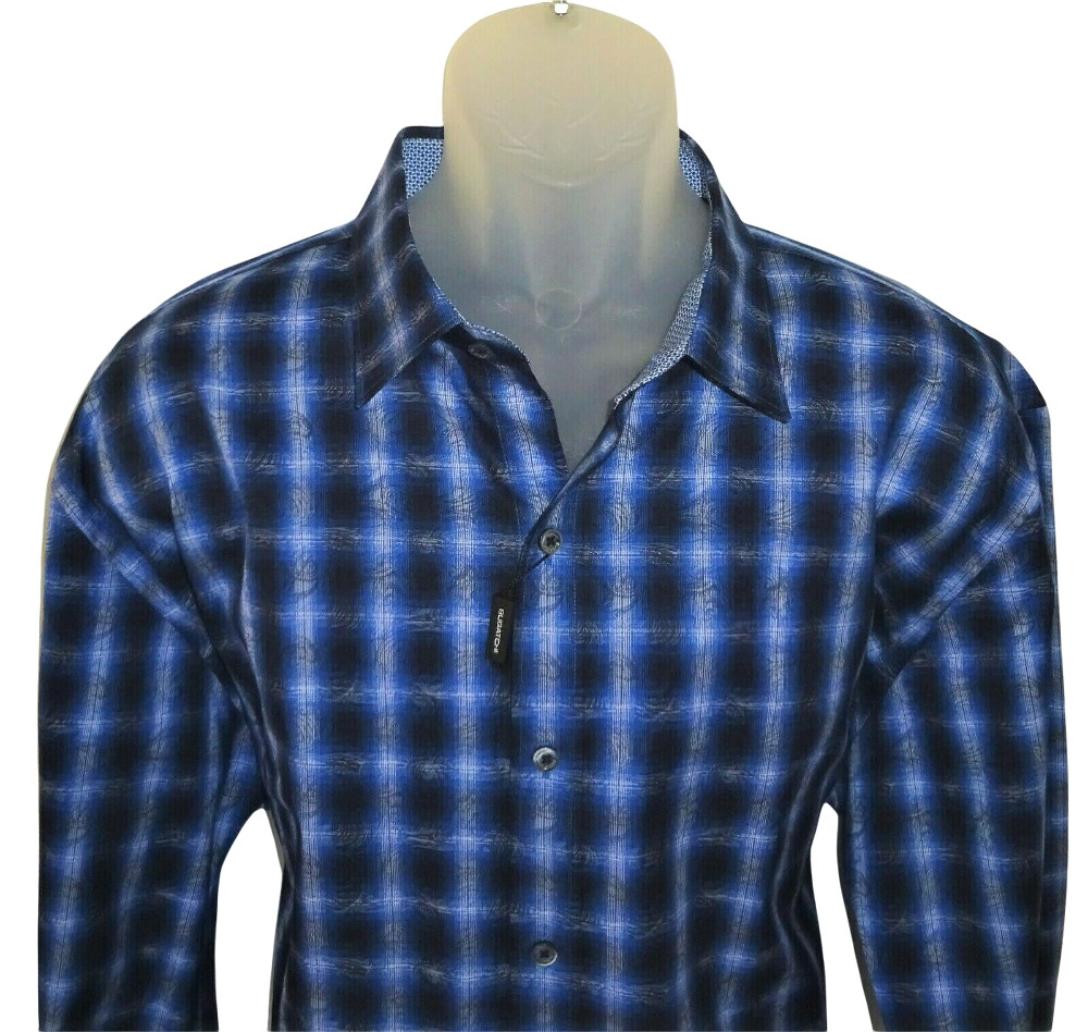 Bugatchi Long Sleeve Shirt XXL Shaped Fit Navy Blue Wavy Geo Check Pattern NWT
