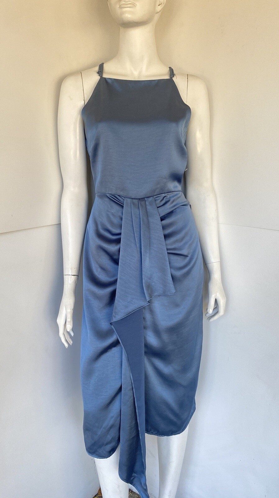 Harlyn $146 Blue Square NeckSpaghetti Strap Ruched Satin Midi Dress M