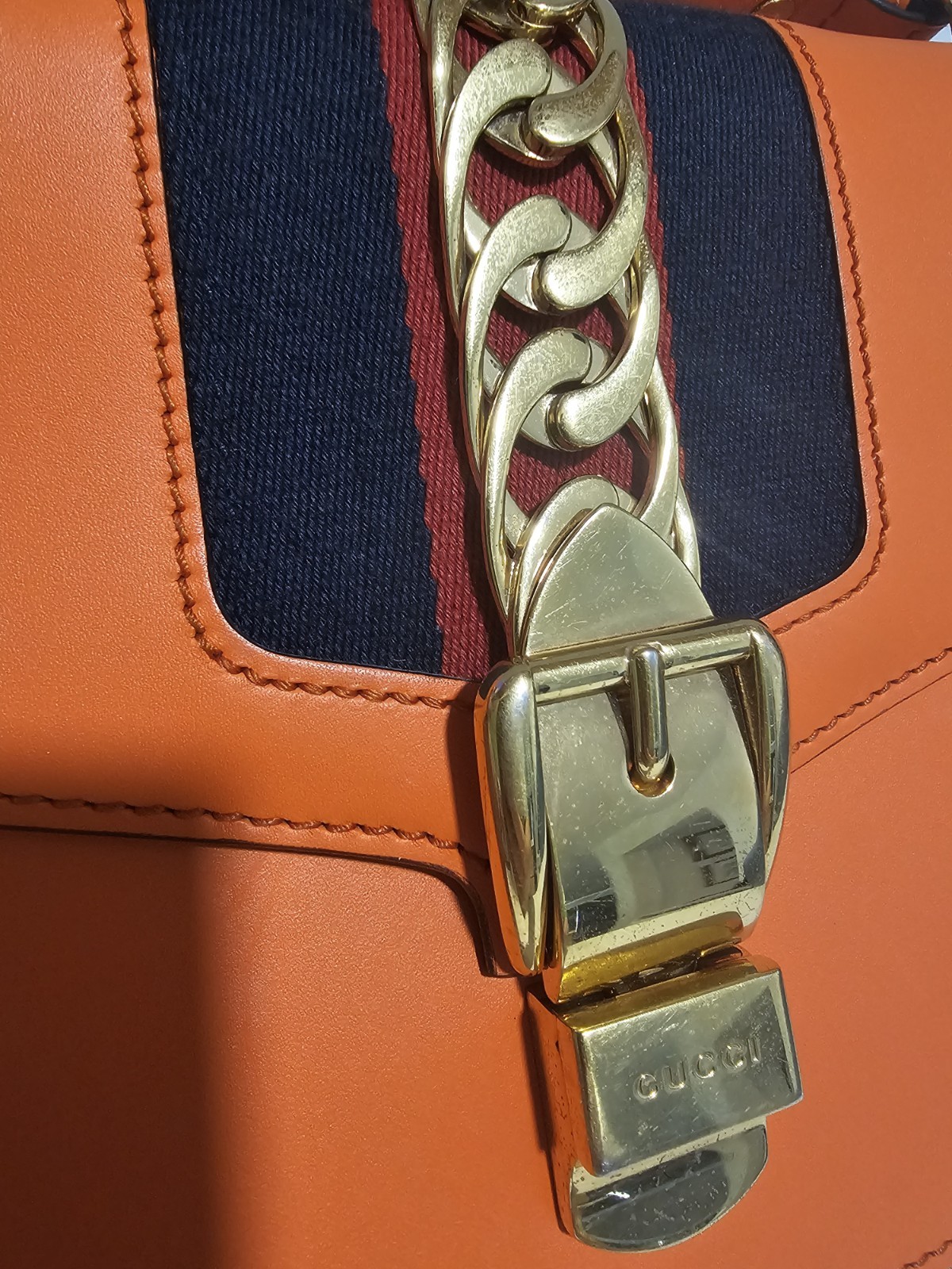 Gucci Women’s Orange Striped Shoulder Bag, Gold Chain Lock, Detachable Strap
