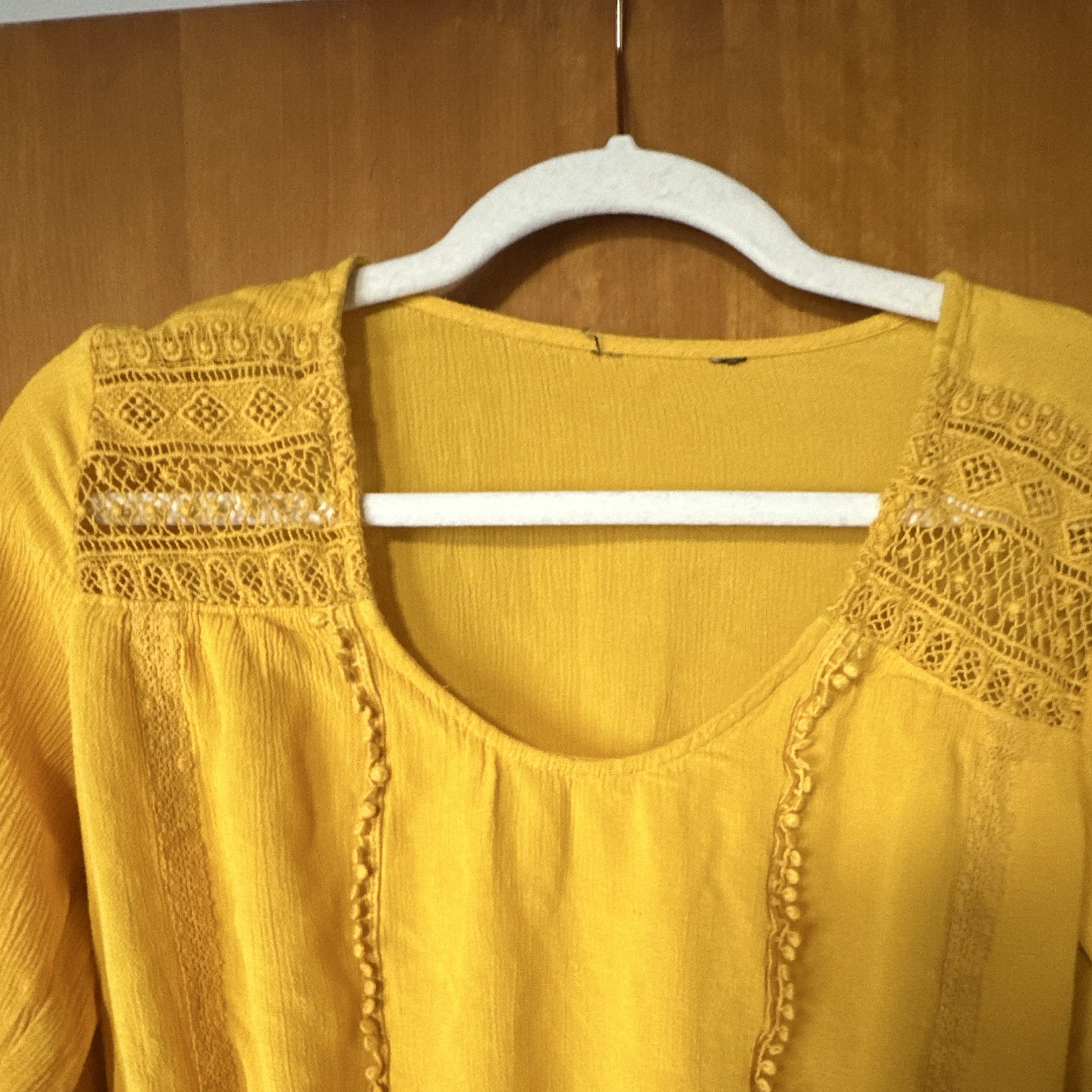 Express XS Yellow Solid Woven Lace Yoke Scoop Neck Long Bell Sleeve Blouse