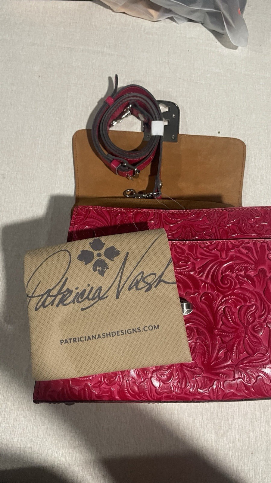 Patricia Nash Red Embossed Floral Top Handle Satchel w Detachable Strap