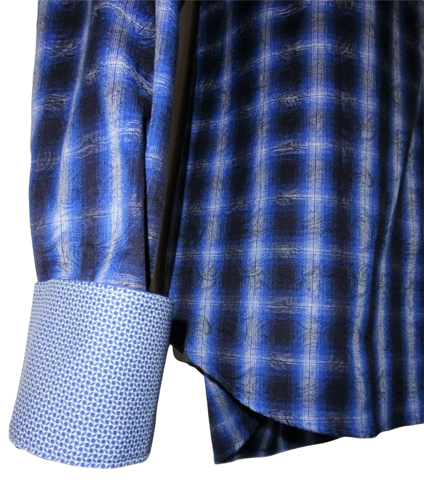 Bugatchi Long Sleeve Shirt XXL Shaped Fit Navy Blue Wavy Geo Check Pattern NWT