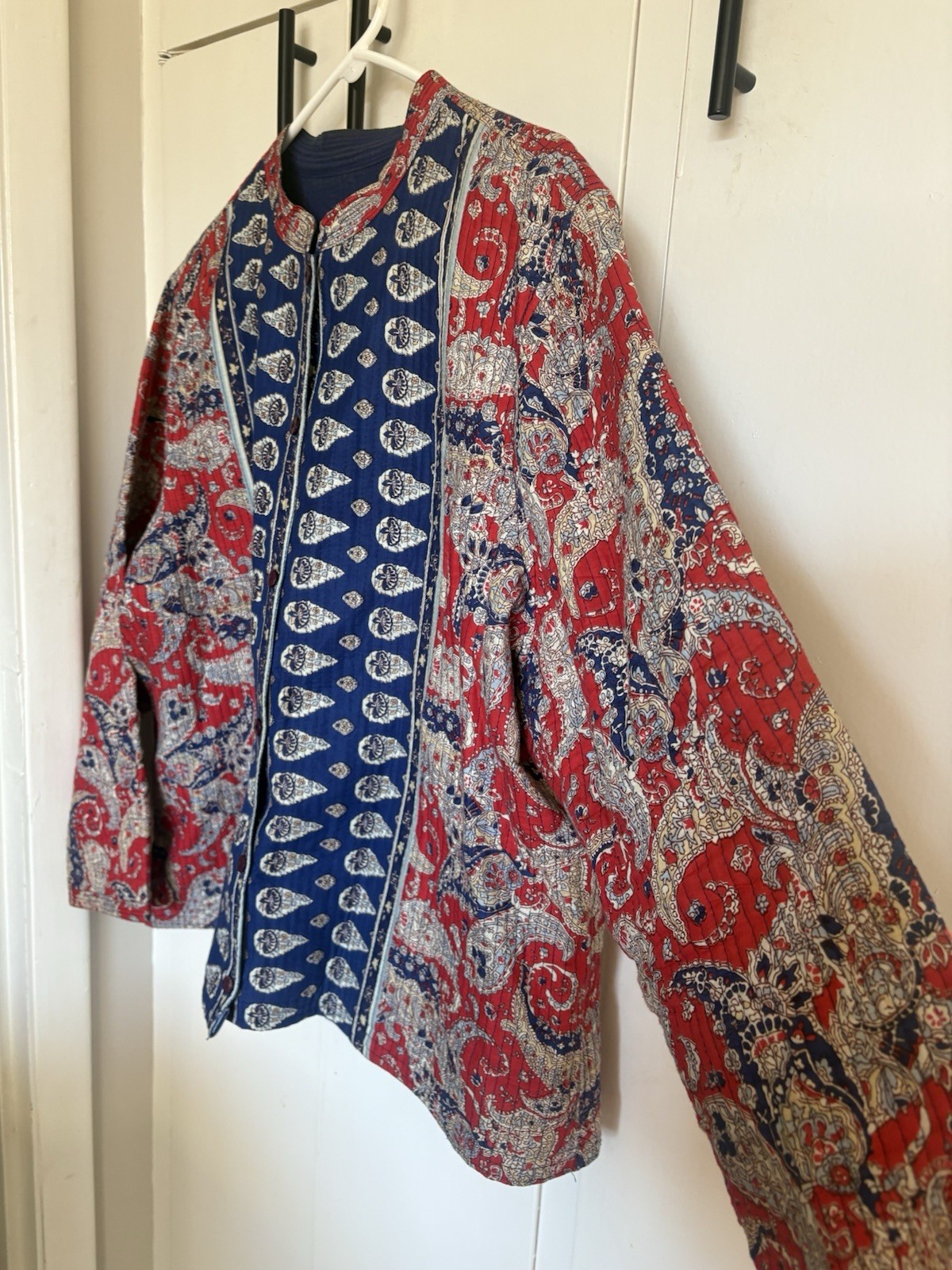 Handmade Quilt Top Blazer Blue Red Boho XL XXL 2xl Thin Quilted Button Shirt