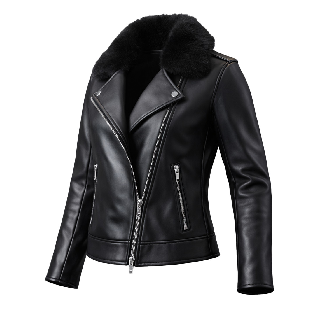 Black Biker Jacket Faux Leather Moto Asymmetrical Zip Faux Fur Collar