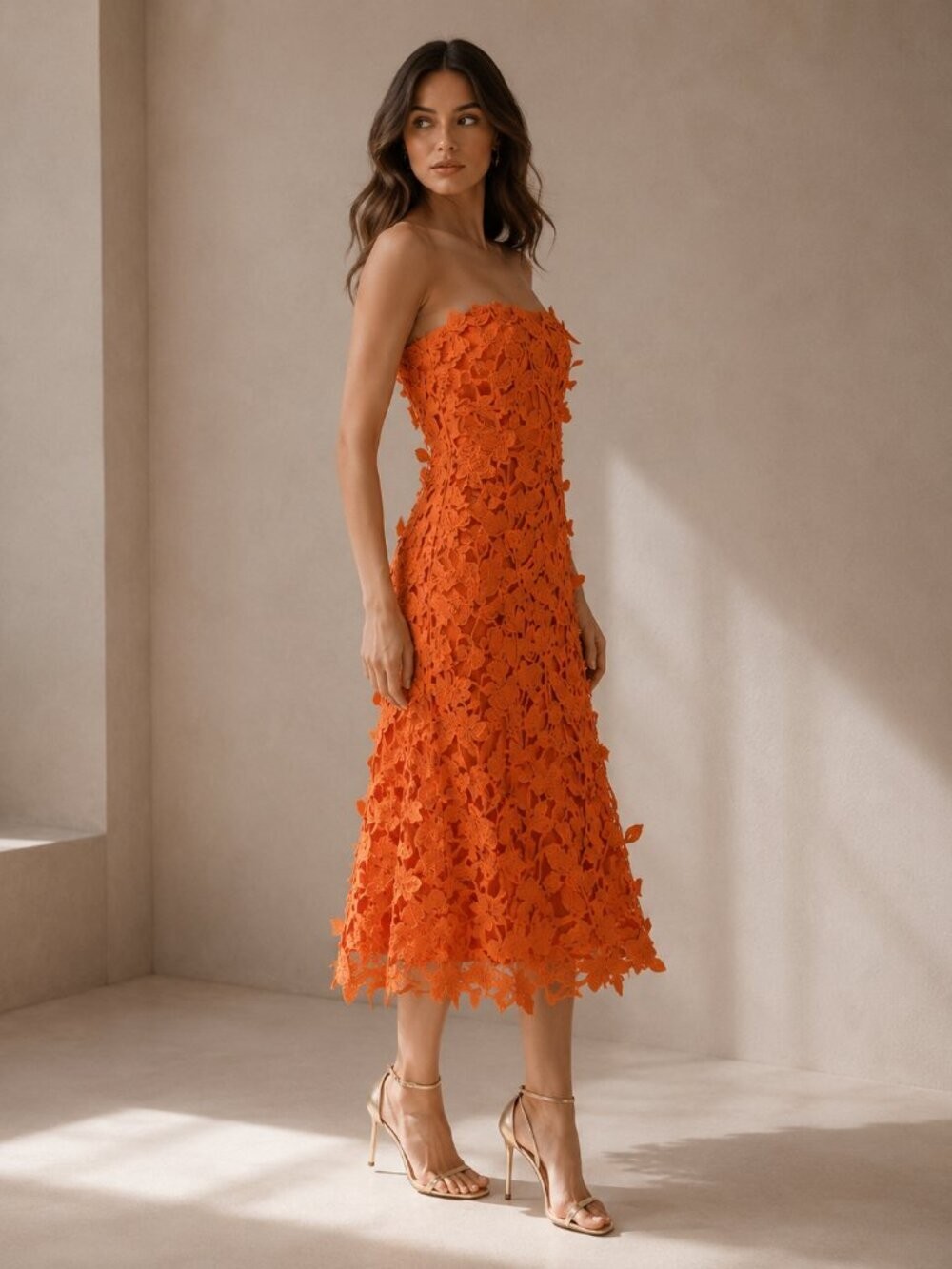 NWT Simkhai Strapless Floral Lace Midi Dress Orange 3D Applique Women’s Size S