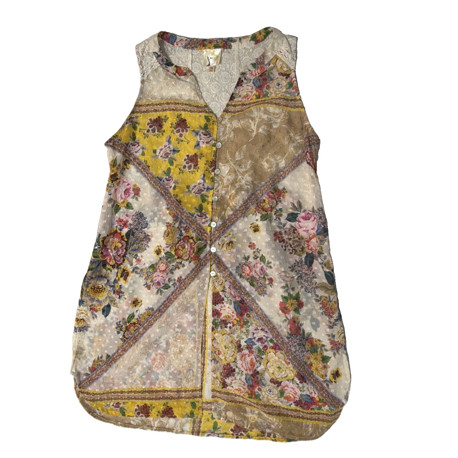 Anthropologie Fig and Flower Boho Top Womens M Mixed Print & Lace Sleeveless