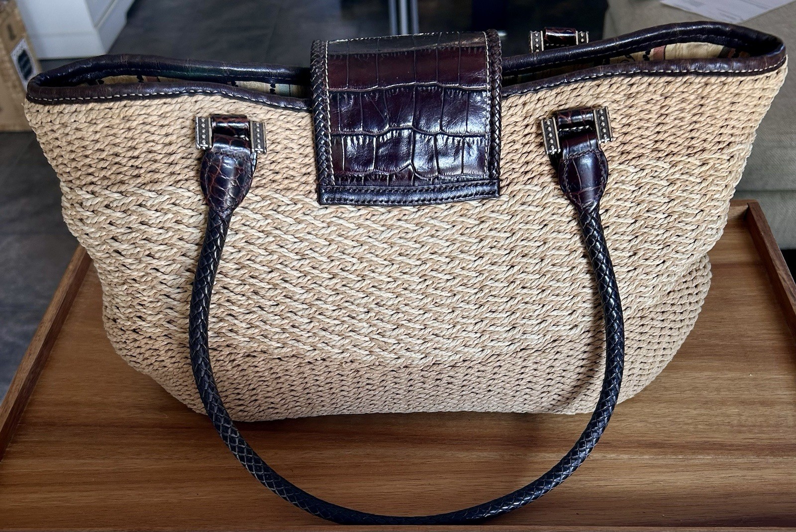 Brighton Savannah Elegant Brown & Tan Woven Handbag With Braided Leather Straps