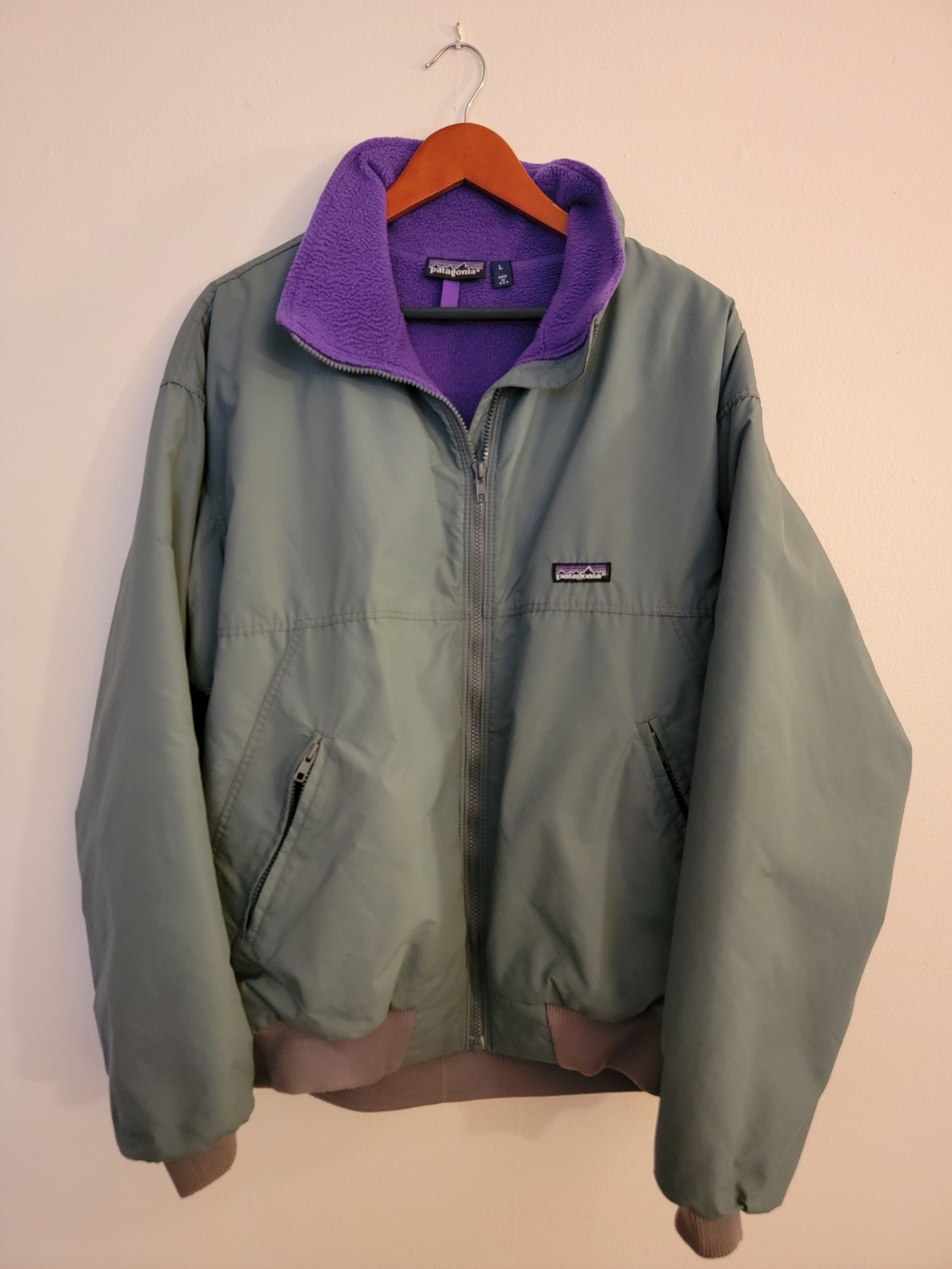 VTG Patagonia Bomber Jacket Mens L Purple GREEN Shelled Synchilla Fleece USA 90s