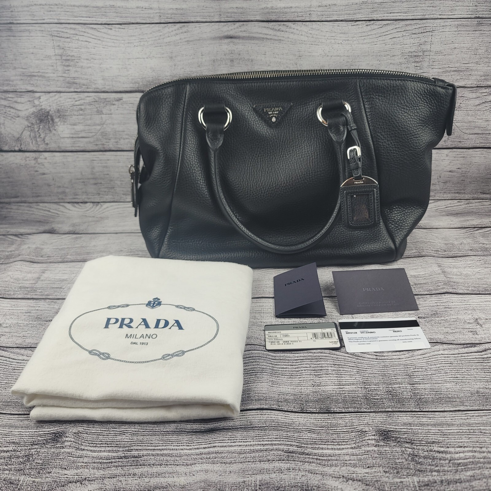 Prada Vitello Daino Black Leather Satchel Bag BR5128 Nero Silver Hardware