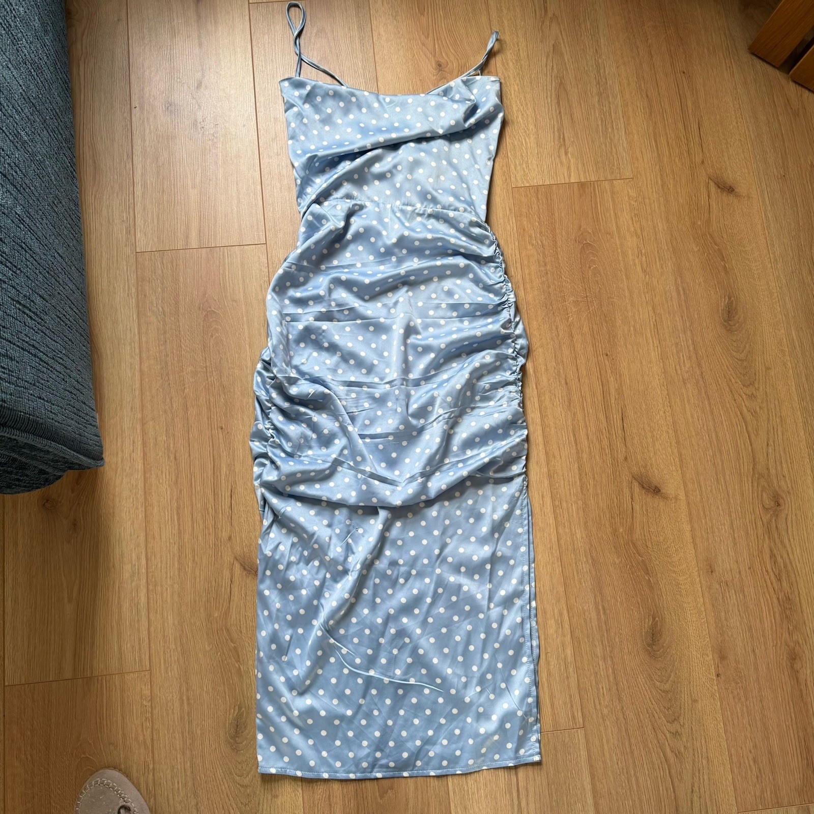 In The Style Blue Polka Dot Satin Dress UK 6 BNWT Strappy Ruffle Cowl Neck