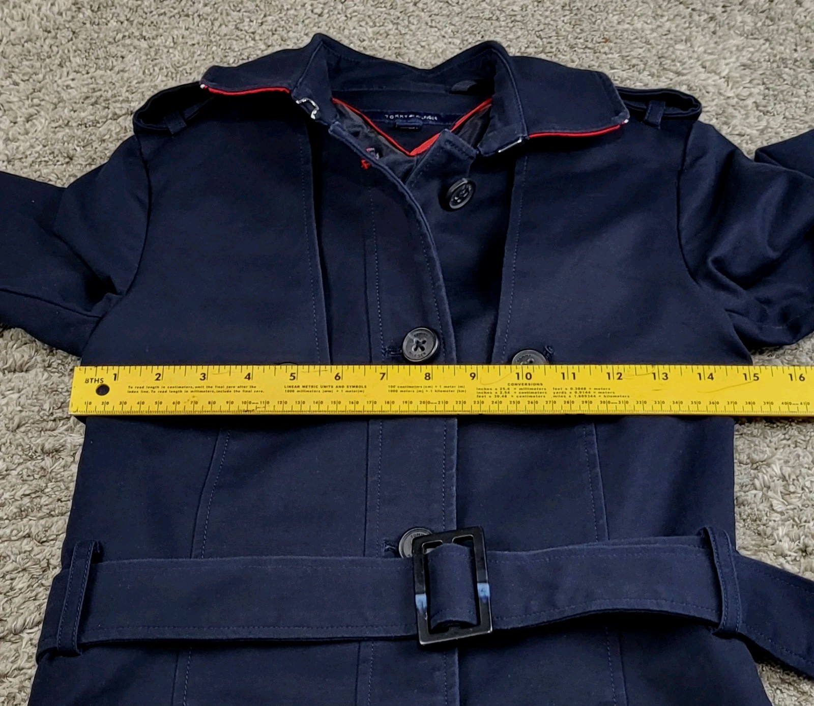 Tommy Hilfiger Coat Double Breasted Navy Blue Trench Coat Womens Medium Belted
