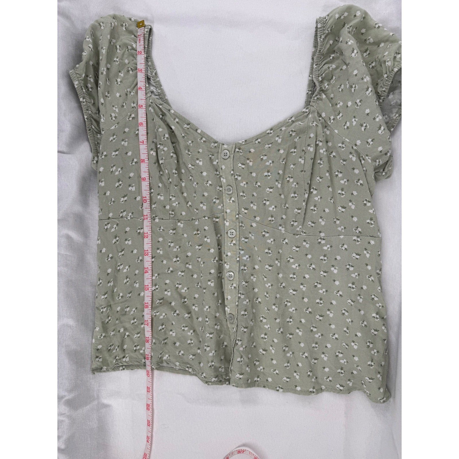 Hollister Sage Green Floral Button Front Puff Sleeve Blouse Top Large