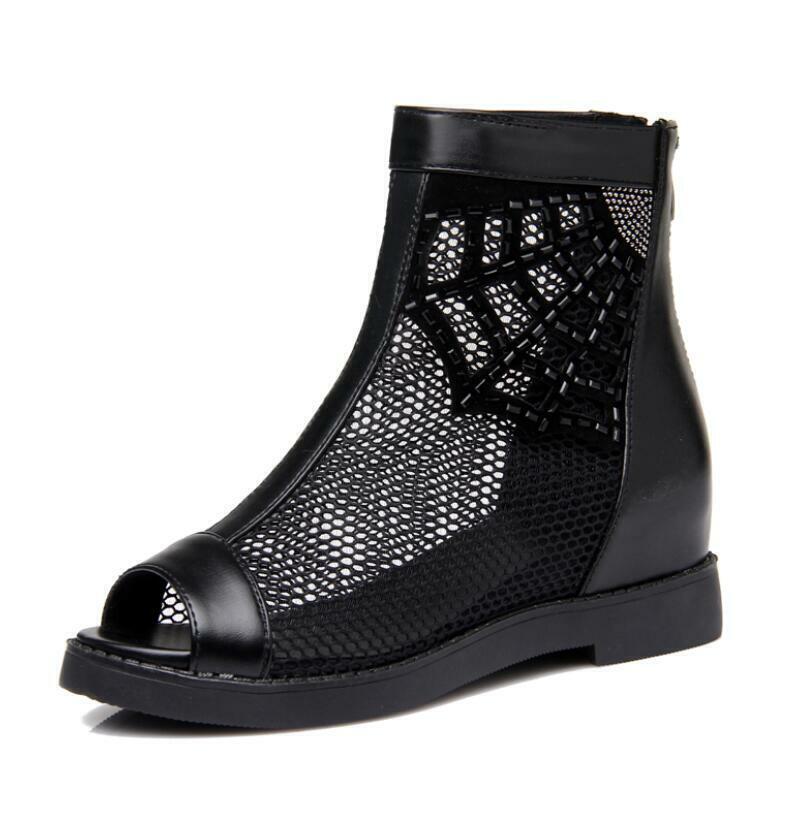 Women’s Roman Sandals Ankle Boots Peep Toe Low Hidden Wedge Heel Mesh Net Shoes