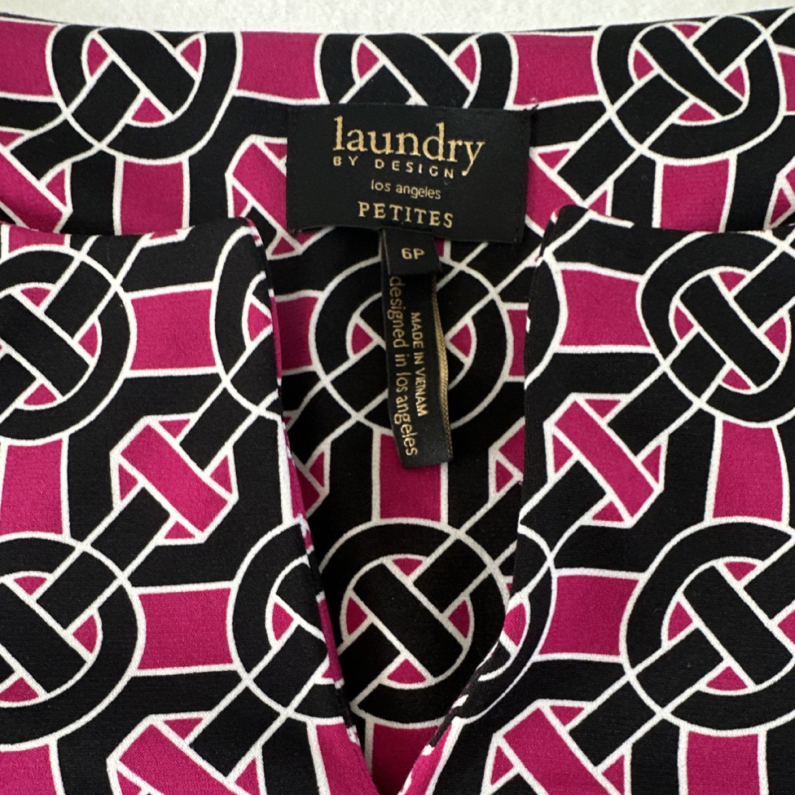 Laundry by Design 6P Pink/Black/White Geometric Shift Dress 3/4 Sleeve V-Neck