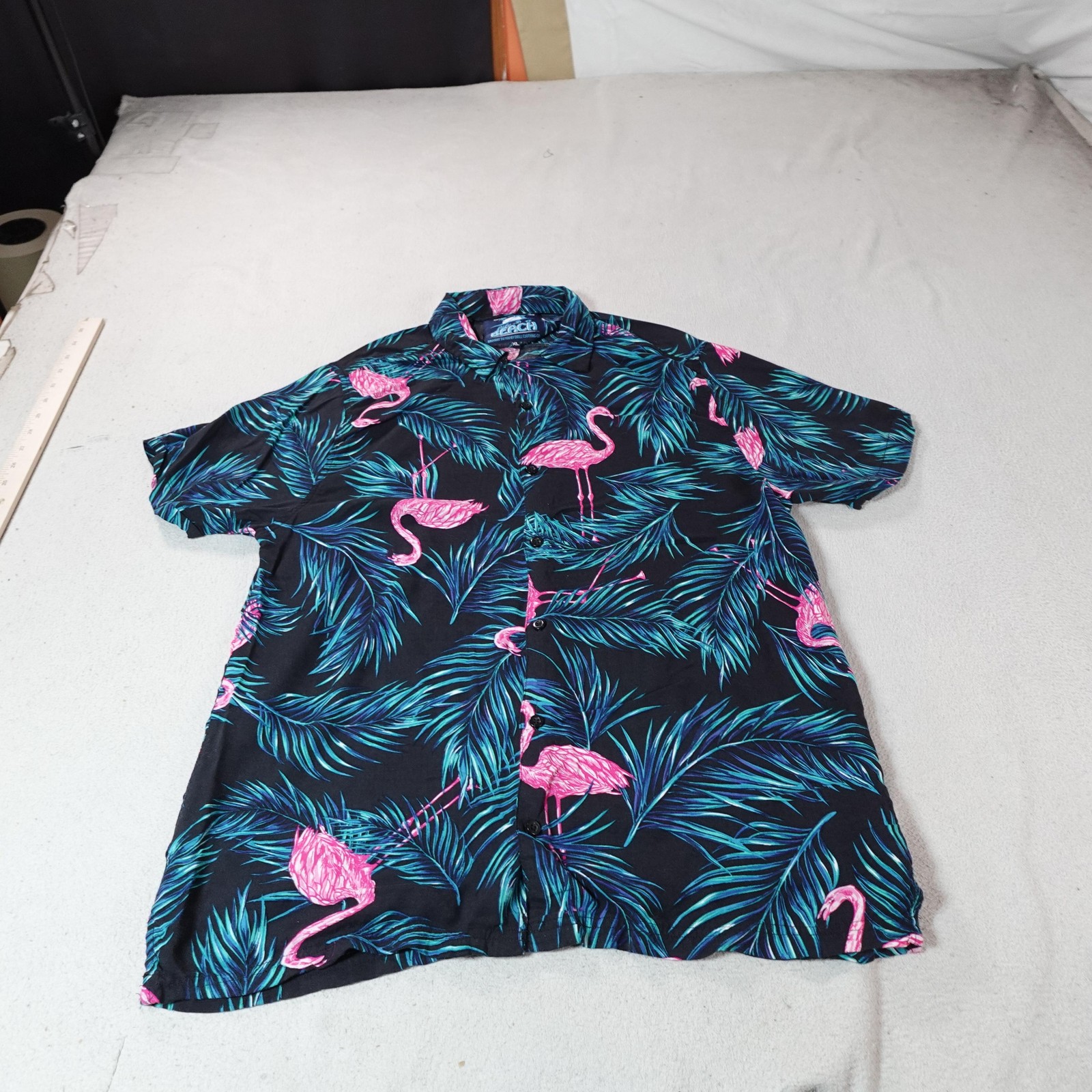 Flamingo Shirt Mens XL Black Hawaiian Tropical Life Is A Beach Button Front Top