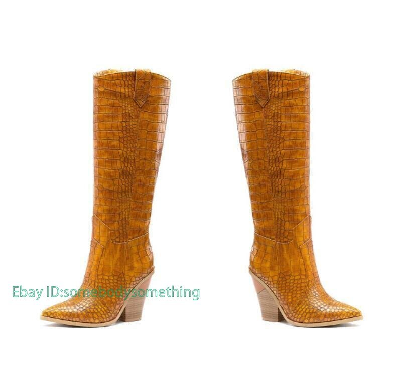 Women Pointy Toe Block Heel Cowboy Knee High Boots Pull On Outdoor Casual Shoes