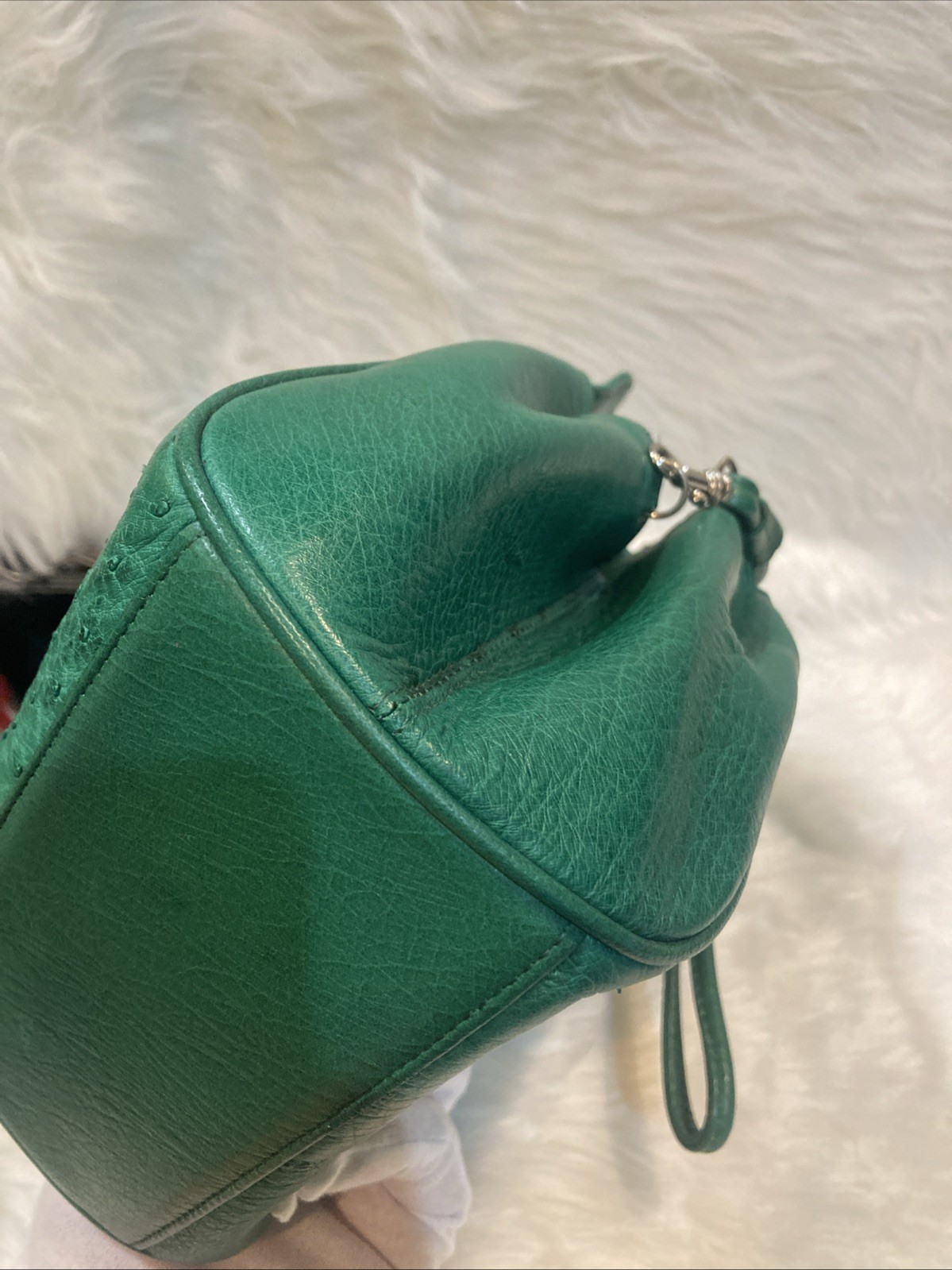 Ostrich Leather Shoulder Bag Green Crossbody Purse Women’s 17cm Vintage