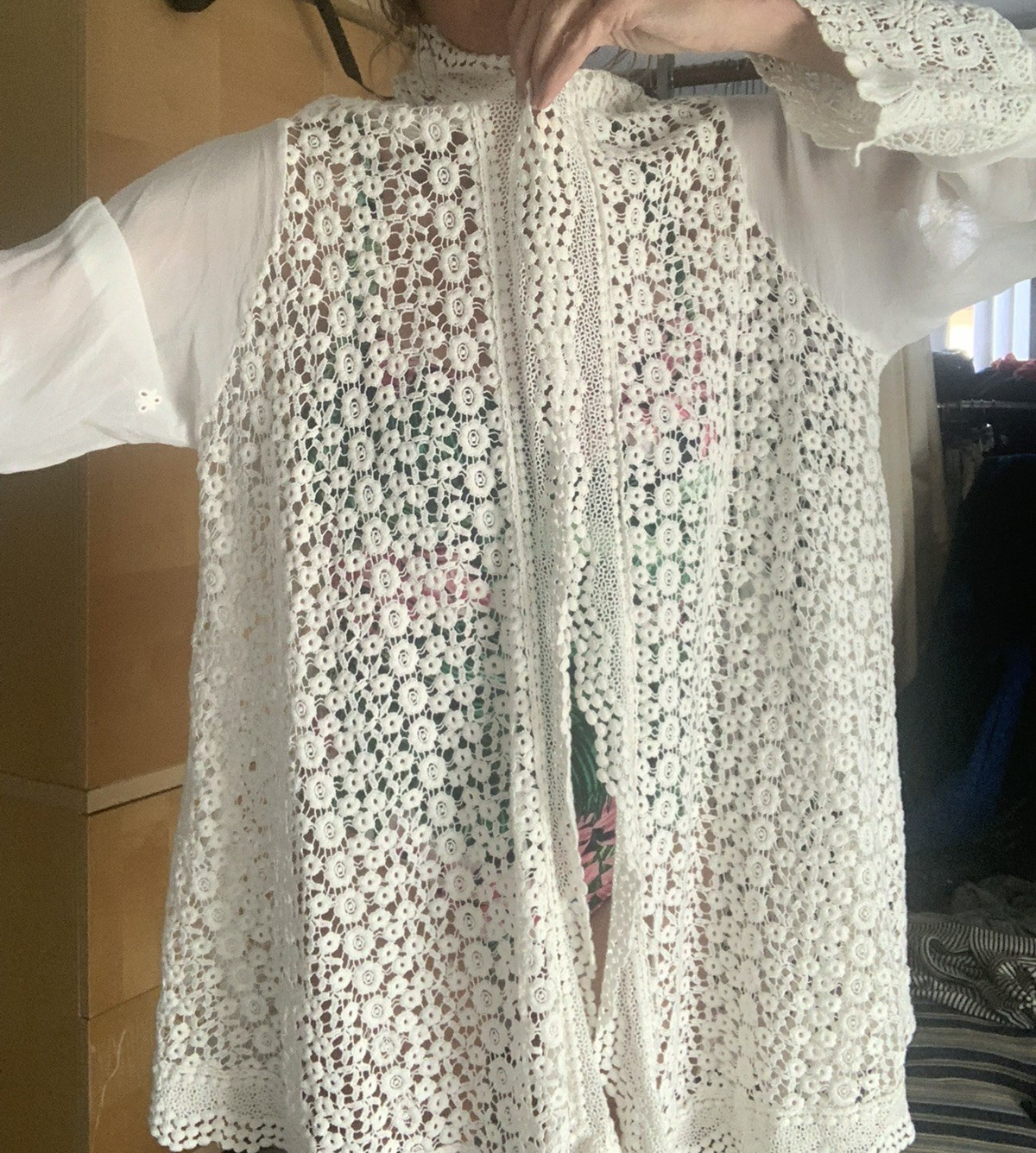 Johnny Was white boho hippie sheer eyelet lace trimmed tunic size Large