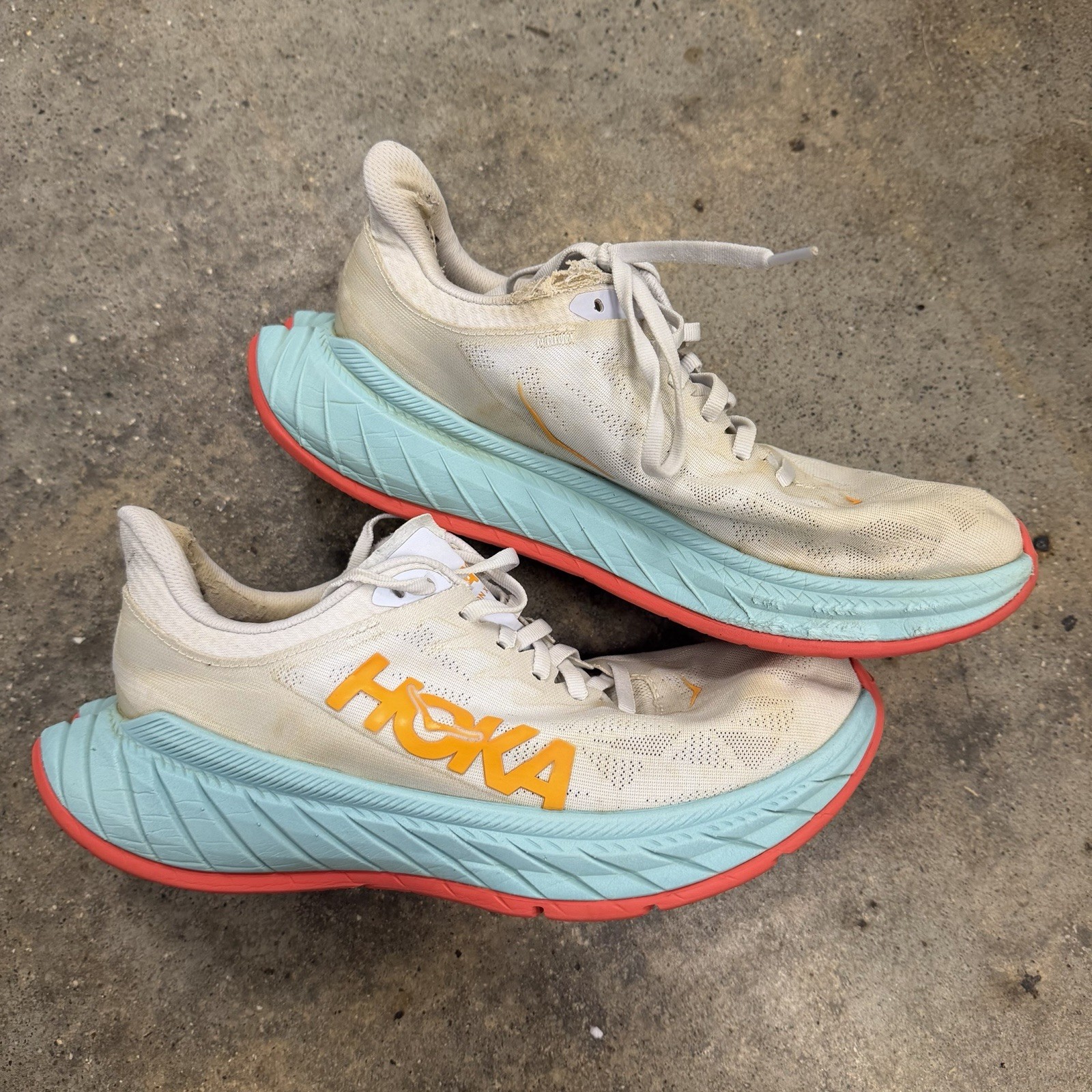 Hoka One Carbon X2 Running Shoes Womens 8.5 White Blue Sneakers *DISTRESSED FLAW