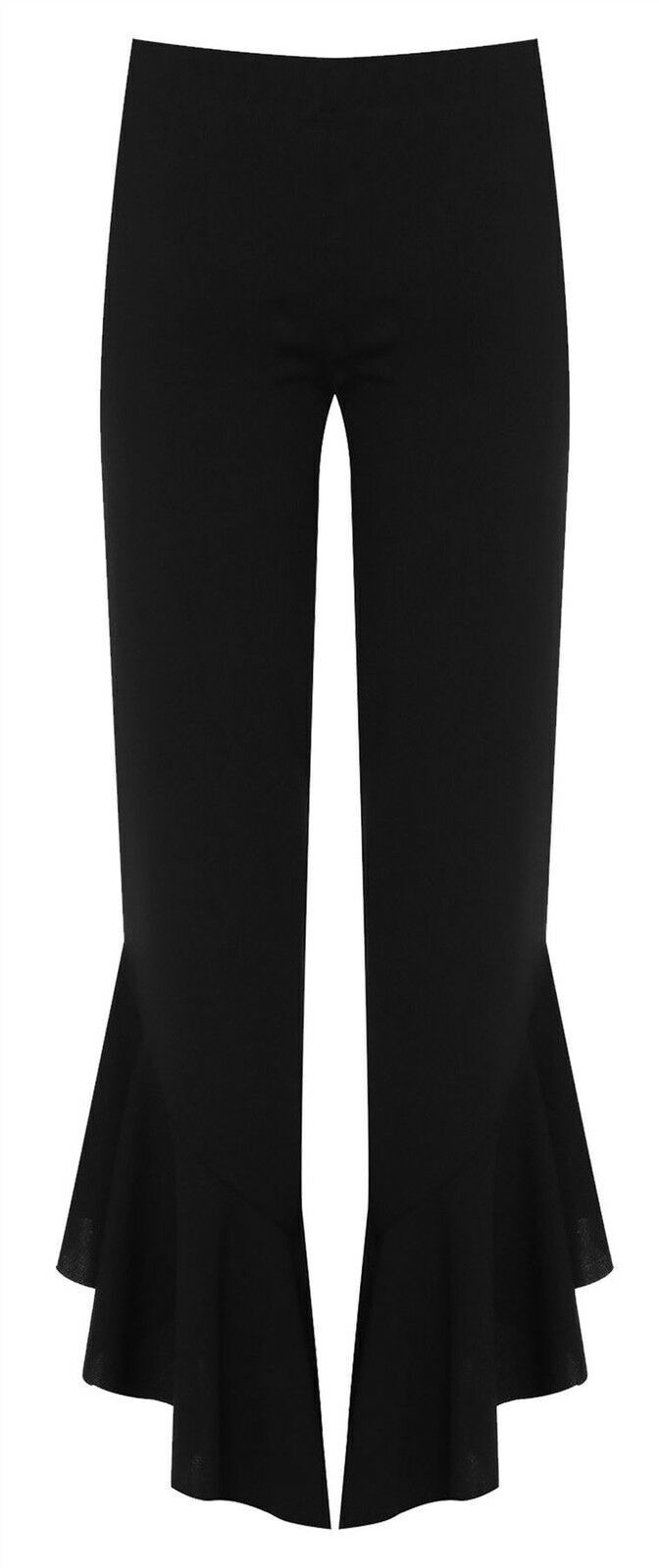 Plus Womens Flared Frill Asymmetric Hem Plain Trousers Ladies New Stretch Pants