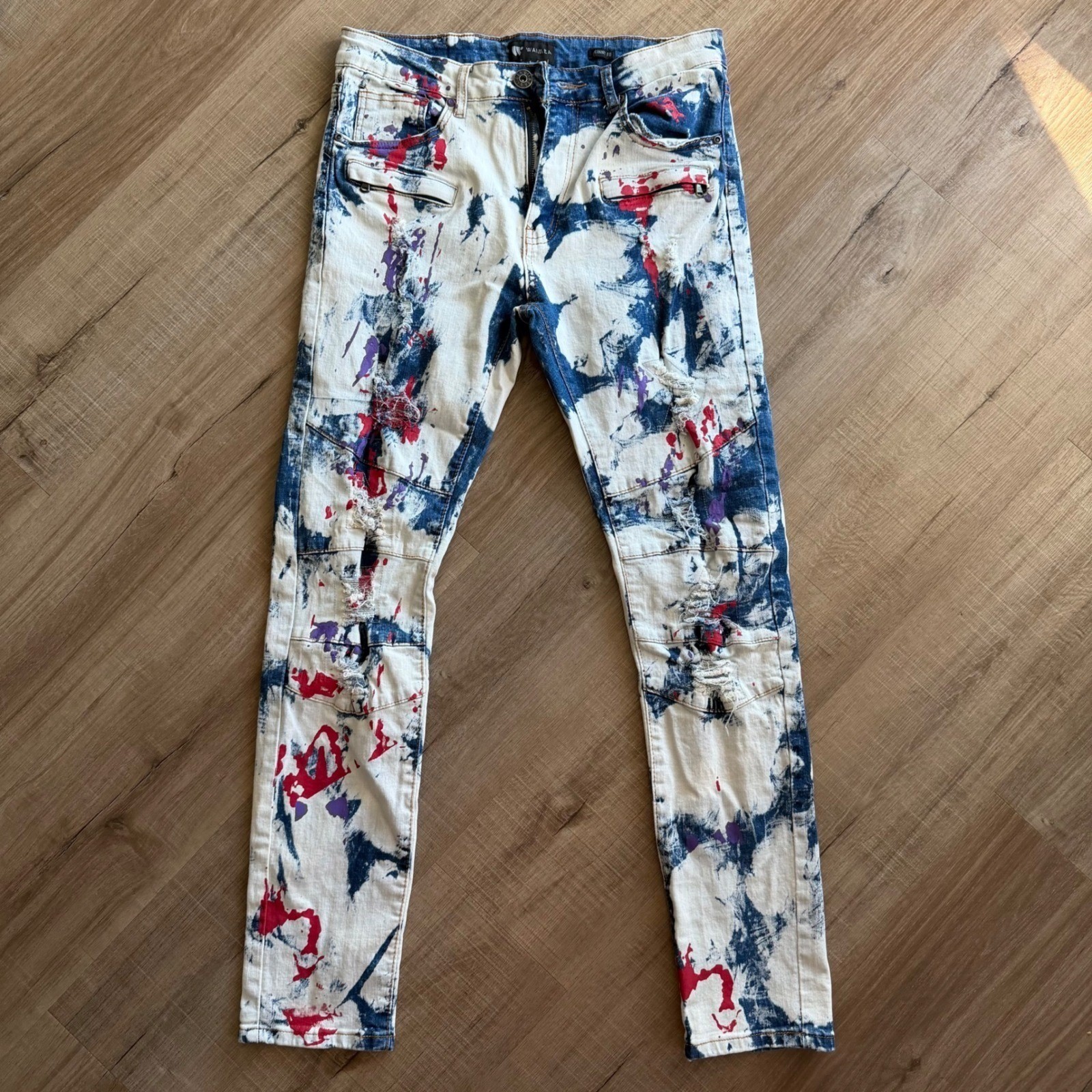 Waimea Mens Skinny Fit Distressed Bleached Paint Splatter Moto Jeans 32×32