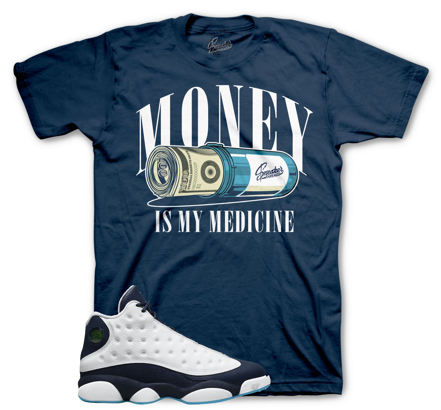 Shirt To Match Jordan 13 Obsidian Shoes – Money Medicine Sneaker Tee