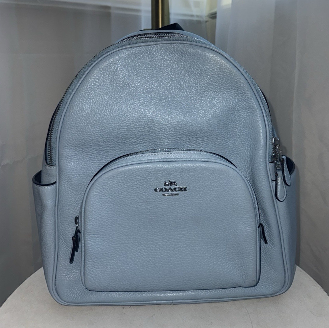 Coach Light Blue Pebbled Backpack Silver Hardware Zip Black Straps Pockets