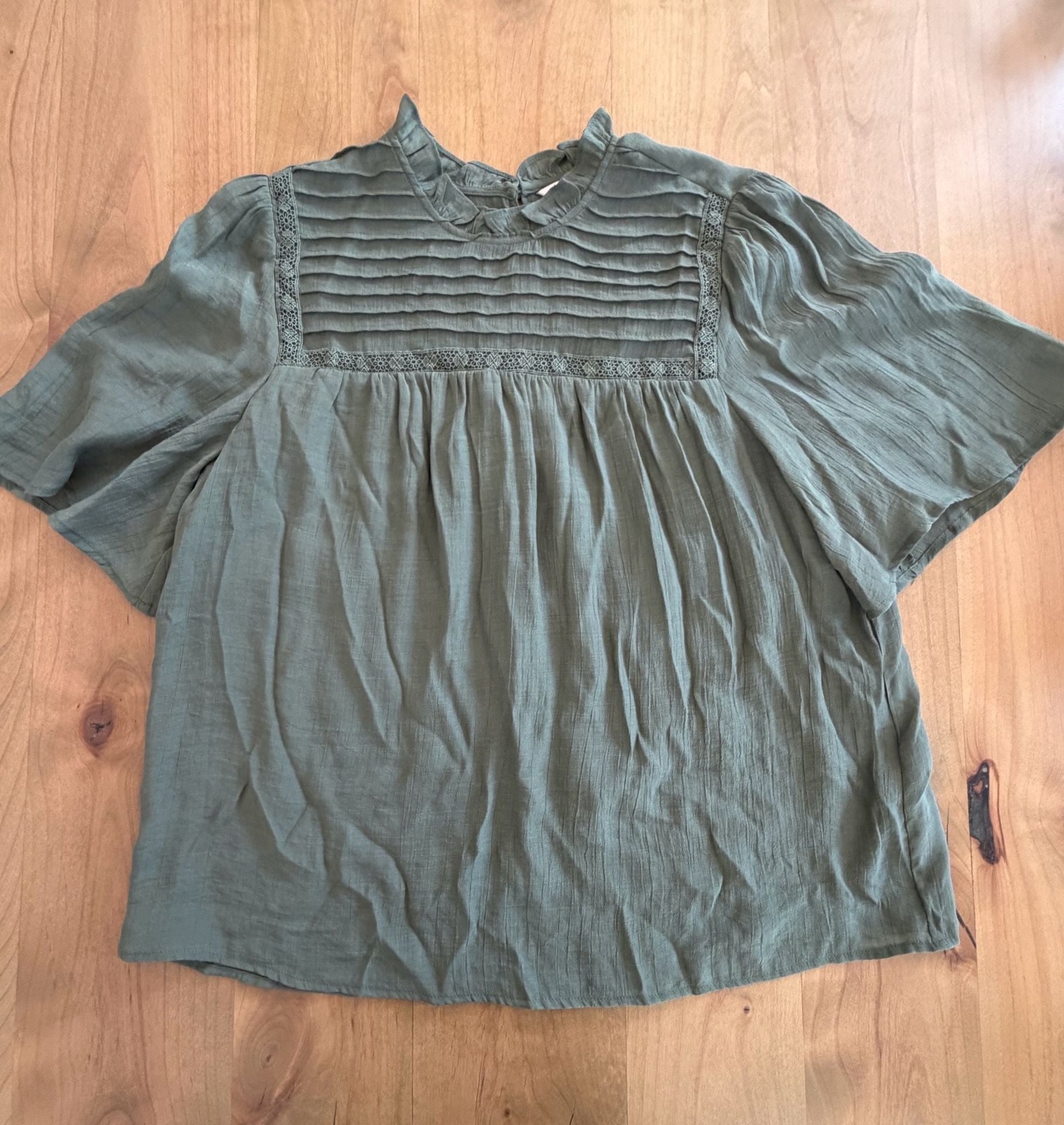 Nanette Lepore Olive Green Pleated Lace Trim Babydoll Blouse Large