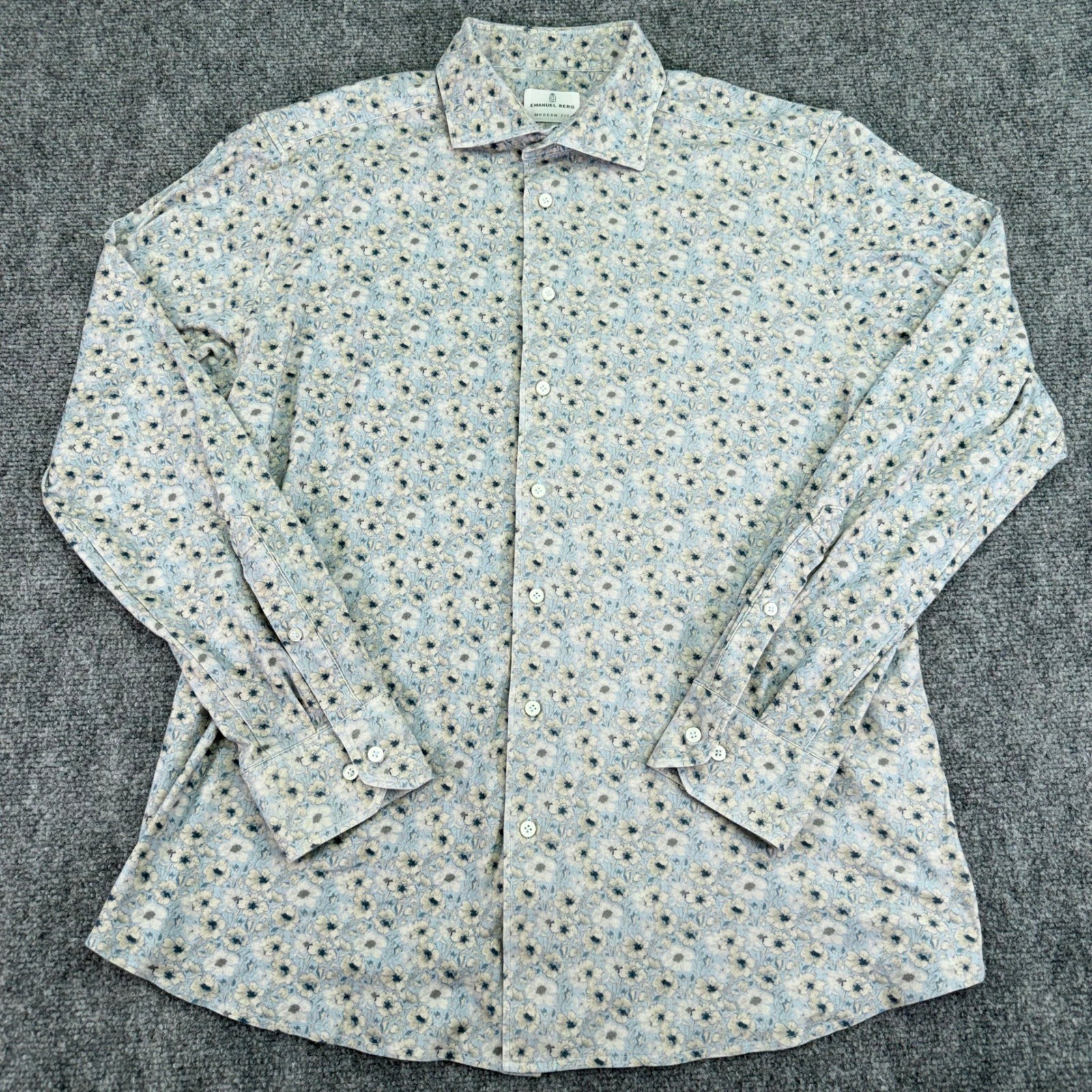 Emanuel Berg Shirt Men’s L 16.5 Blue Beige Floral Modern Fit Button Up Polland